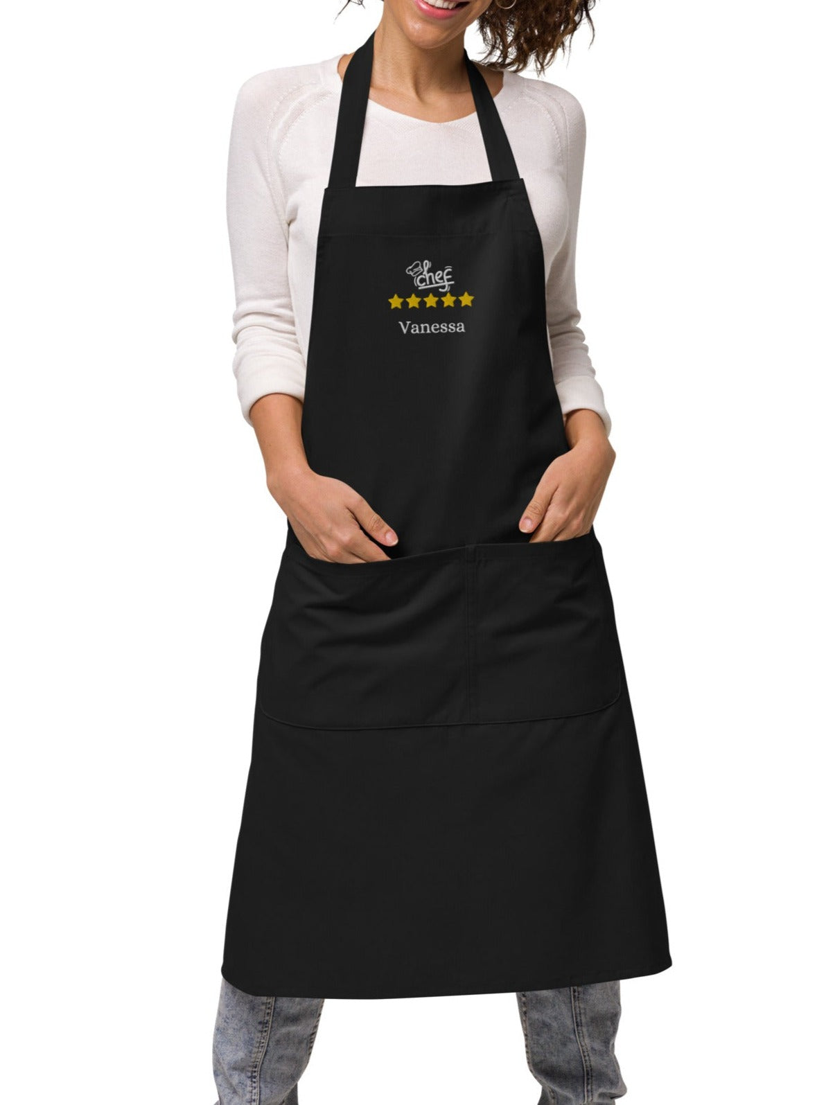 tablier de couleur noir 100% coton bio ajustable avec 2 poches avec inscription brodée Chef avec toque, 5 étoiles et le prénom de votre choix