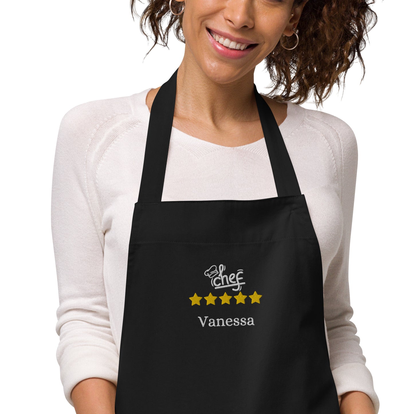 tablier de couleur noir 100% coton bio ajustable avec 2 poches avec inscription brodée Chef avec toque, 5 étoiles et le prénom de votre choix