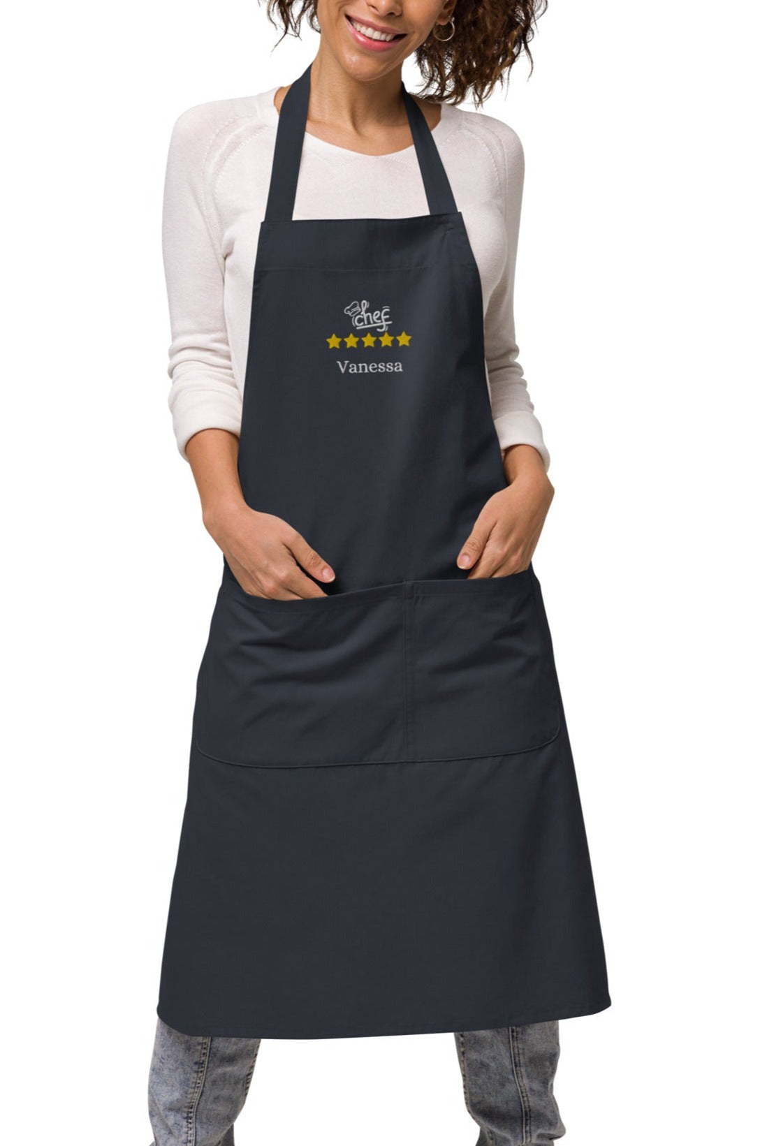 tablier de couleur bleu marine 100% coton bio ajustable avec 2 poches avec inscription brodée Chef avec toque, 5 étoiles et le prénom de votre choix