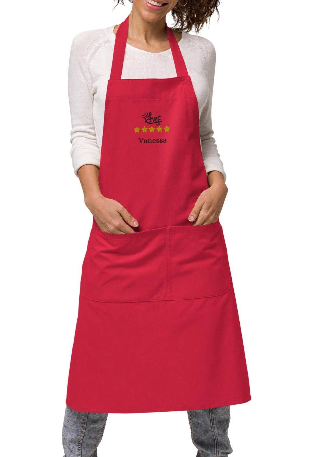 tablier de couleur rouge 100% coton bio ajustable avec 2 poches avec inscription brodée Chef avec toque, 5 étoiles et le prénom de votre choix