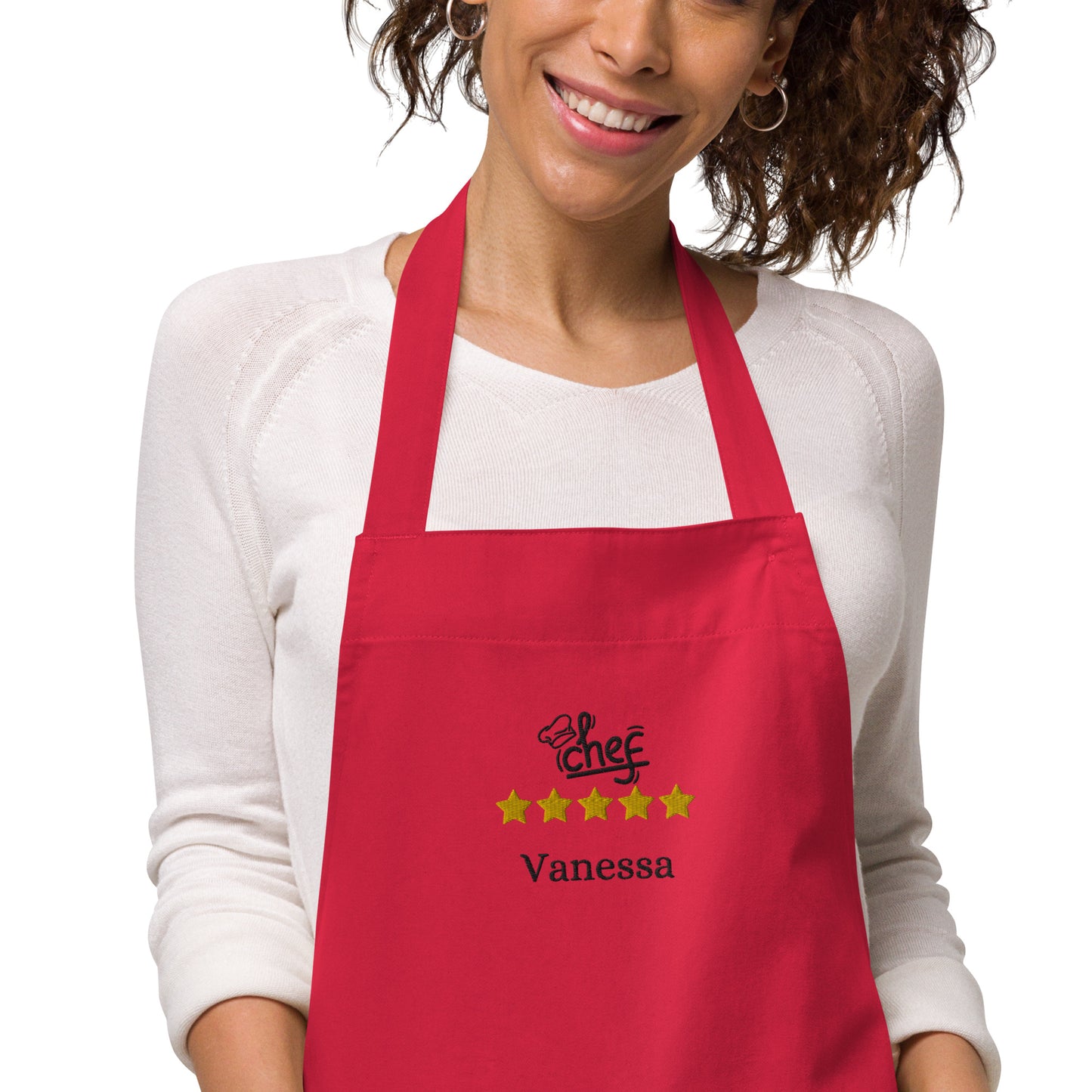 tablier de couleur rouge 100% coton bio ajustable avec 2 poches avec inscription brodée Chef avec toque, 5 étoiles et le prénom de votre choix