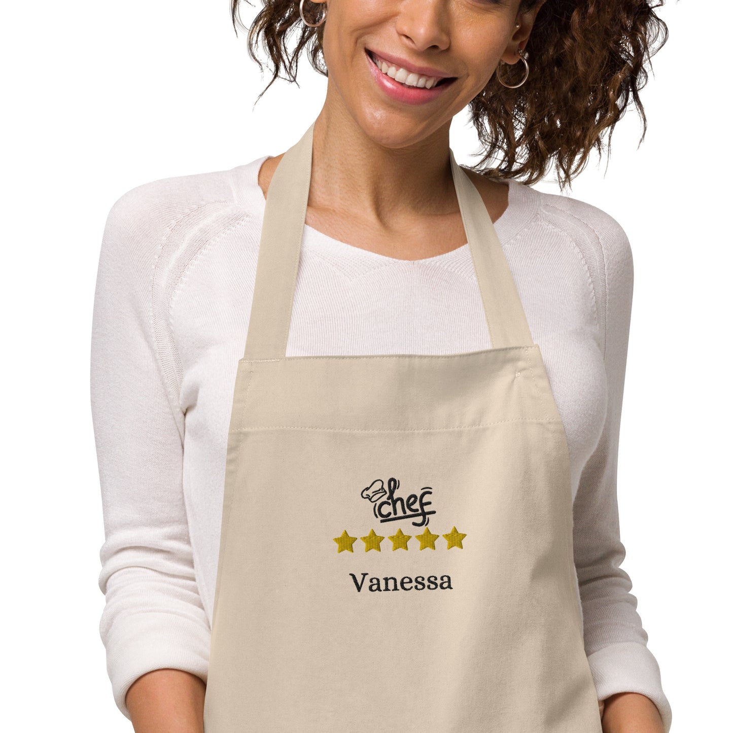 tablier de couleur sable 100% coton bio ajustable avec 2 poches avec inscription brodée Chef avec toque, 5 étoiles et le prénom de votre choix