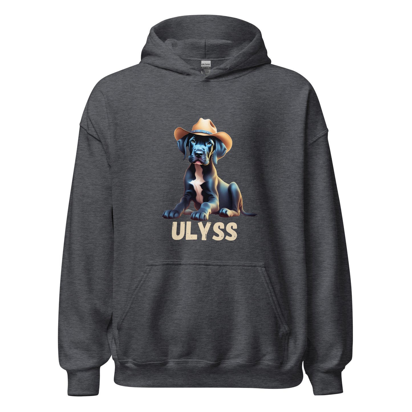 Sweat à capuche de couleur gris foncé chiné avec poche devant avec un bébé dogue allemand avec un chapeau de cowboy sur la tête et personnalisation avec le nom de votre dogue en dessous de l'image