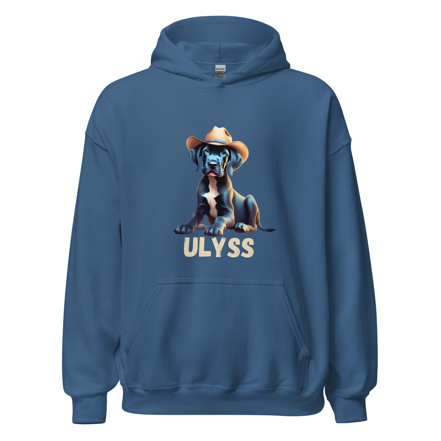 Sweat à capuche de couleur Bleu Indigo avec poche devant avec un bébé dogue allemand avec un chapeau de cowboy sur la tête et personnalisation avec le nom de votre dogue en dessous de l'image