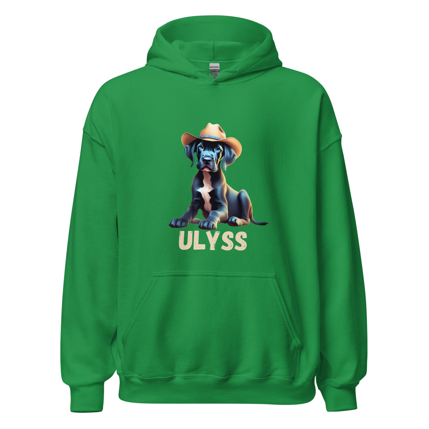 Sweat à capuche de couleur vert menthe avec poche devant avec un bébé dogue allemand avec un chapeau de cowboy sur la tête et personnalisation avec le nom de votre dogue en dessous de l'image
