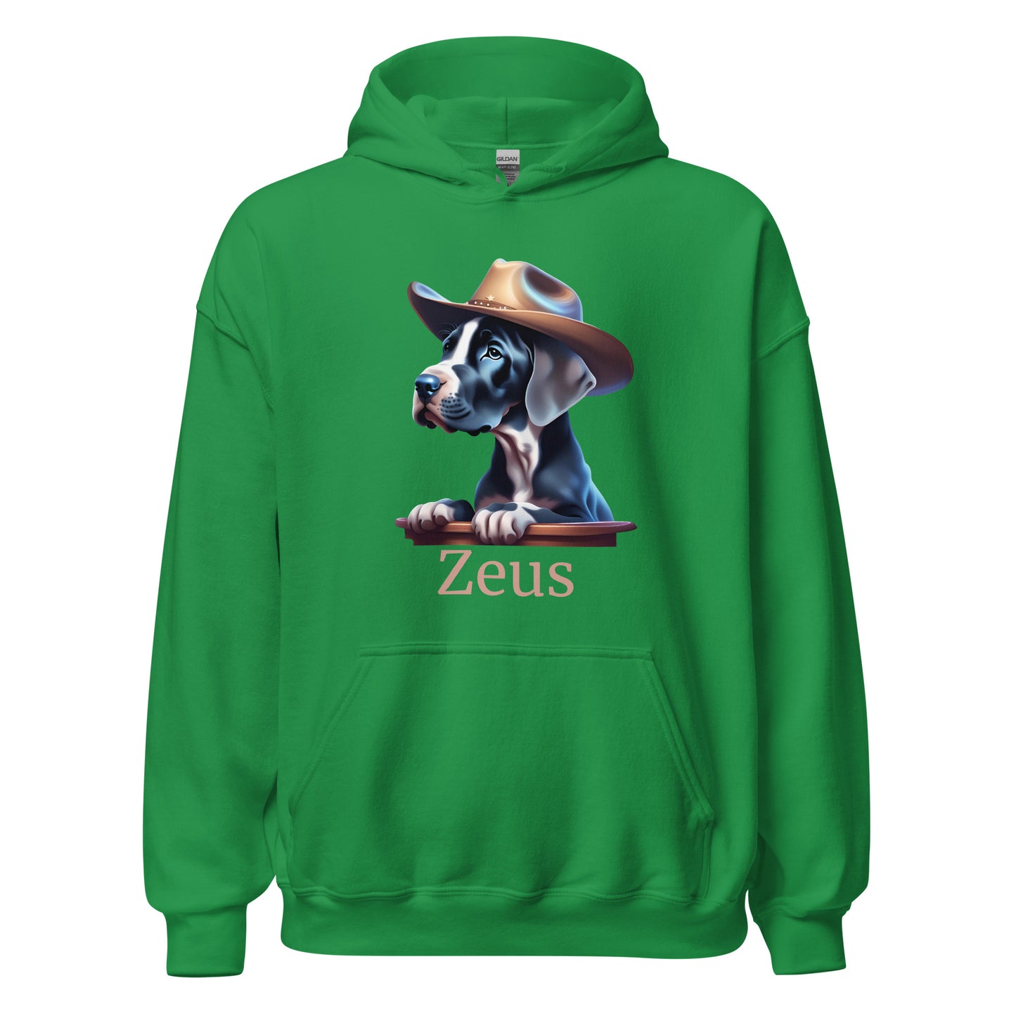 Sweat à capuche vert menthe avec une poche devant avec photo de bébé dogue allemand avec un chapeau de cowboy sur la tête avec la personnalisation du nom de votre propre dogue