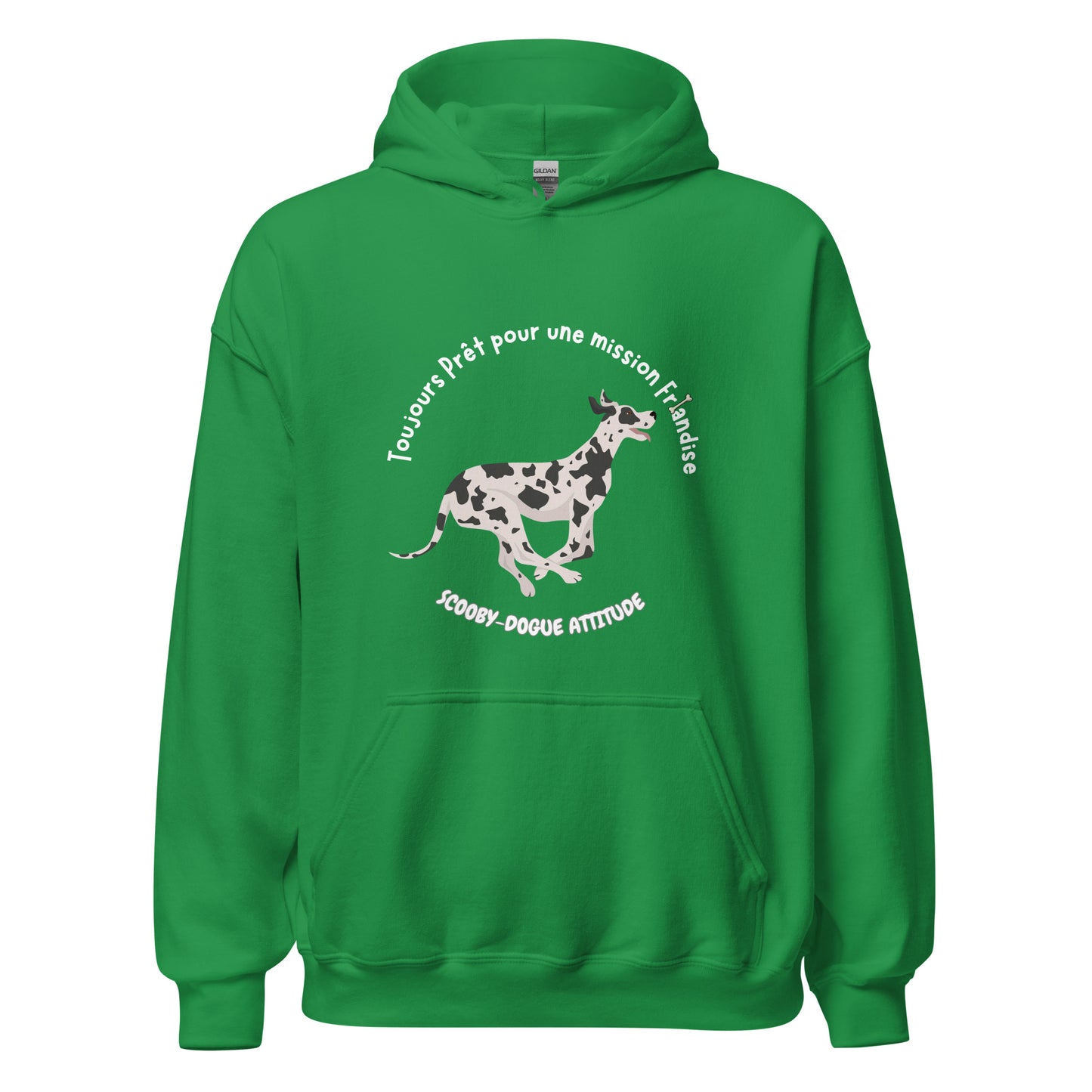 Sweat à capuche de couleur vert menthe avec poche kangourou avec un dogue allemand qui coure avec inscription Toujours prêt pour une mission friandise Scooby-Dogue Attitude"