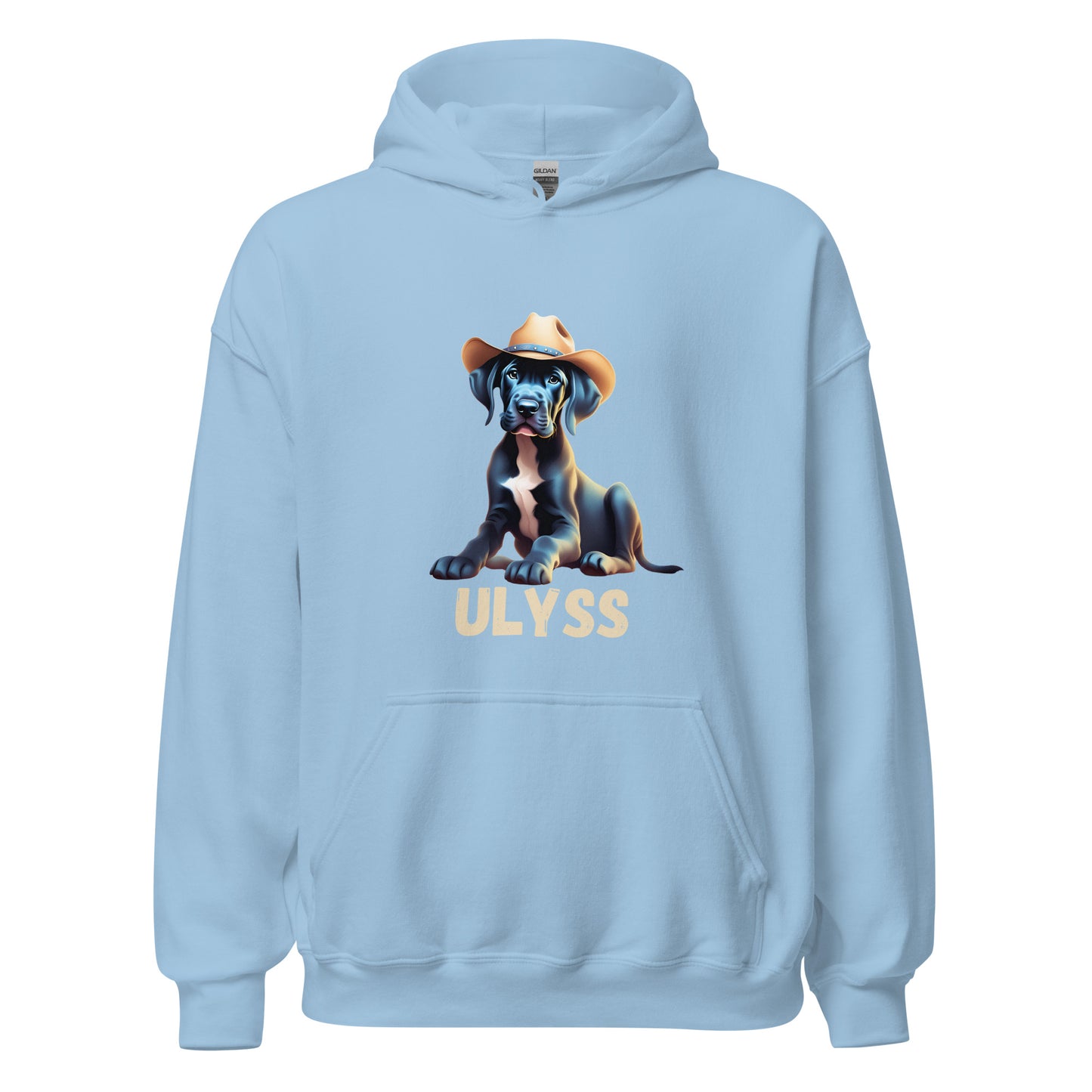 Sweat à capuche de couleur Bleu clair avec poche devant avec un bébé dogue allemand avec un chapeau de cowboy sur la tête et personnalisation avec le nom de votre dogue en dessous de l'image