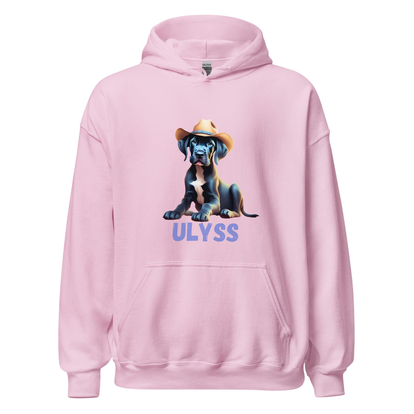 Sweat à capuche de couleur rose avec poche devant avec un bébé dogue allemand avec un chapeau de cowboy sur la tête et personnalisation avec le nom de votre dogue en dessous de l'image