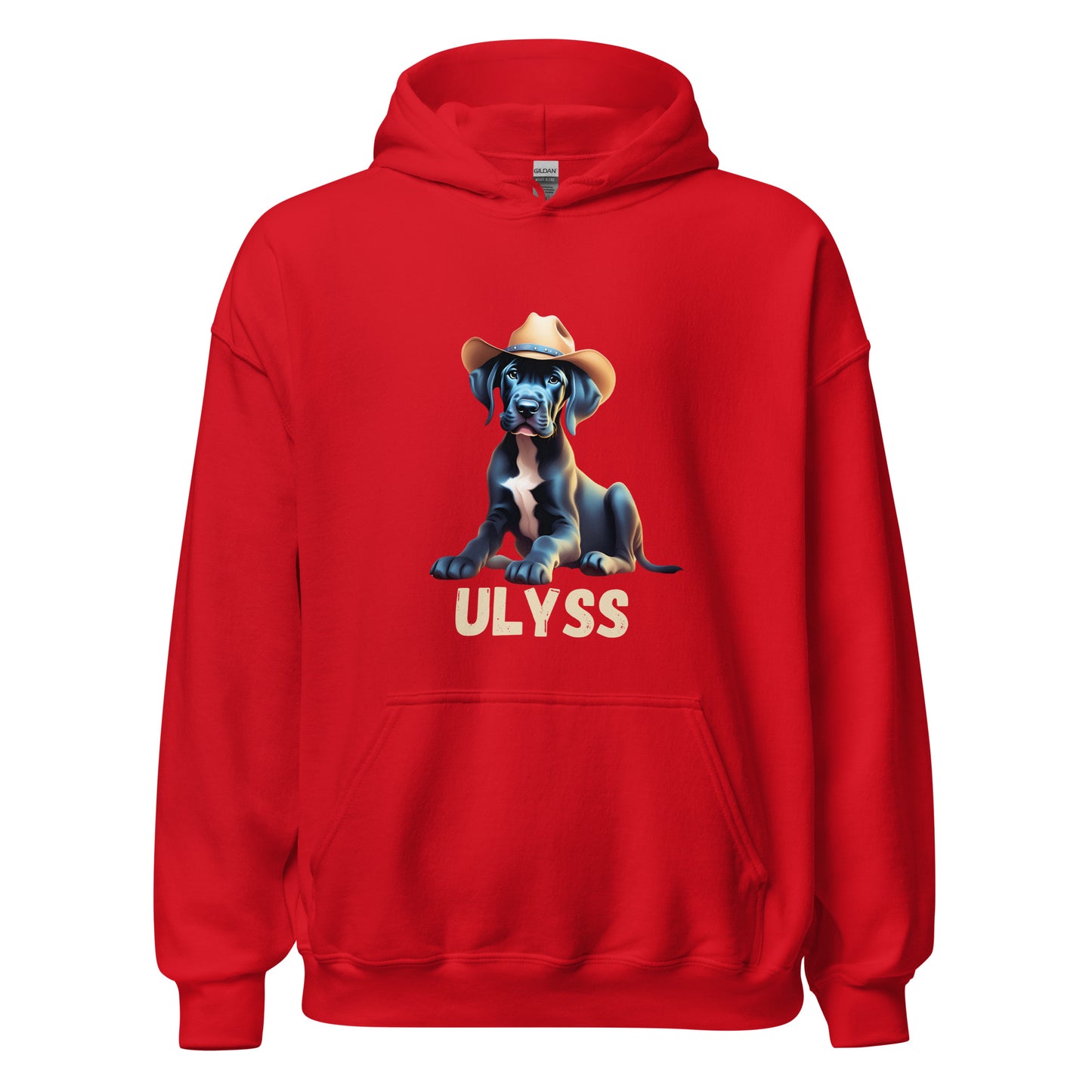 Sweat à capuche de couleur rouge avec poche devant avec un bébé dogue allemand avec un chapeau de cowboy sur la tête et personnalisation avec le nom de votre dogue en dessous de l'image