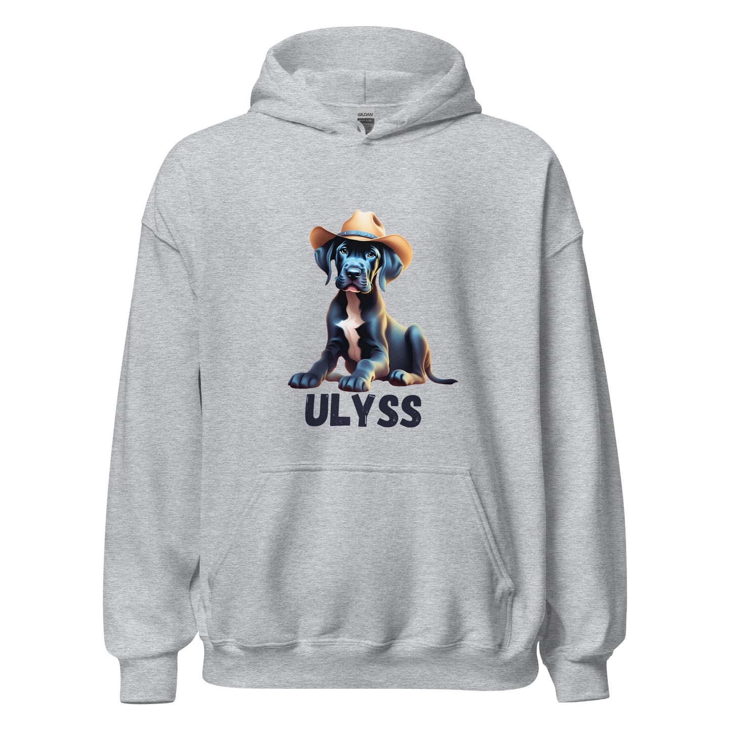 Sweat à capuche de couleur gris sport avec poche devant avec un bébé dogue allemand avec un chapeau de cowboy sur la tête et personnalisation avec le nom de votre dogue en dessous de l'image