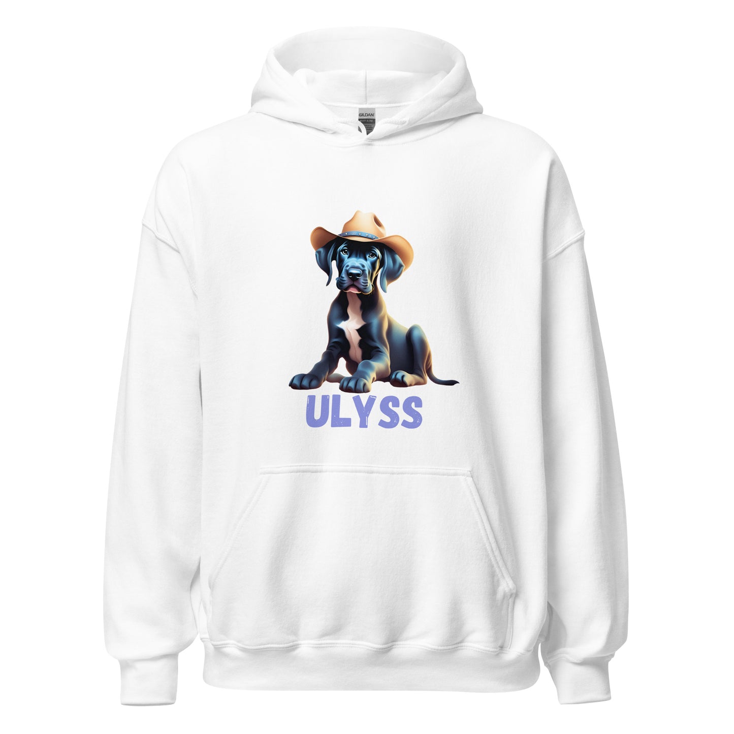 Sweat à capuche de couleur blanc avec poche devant avec un bébé dogue allemand avec un chapeau de cowboy sur la tête et personnalisation avec le nom de votre dogue en dessous de l'image