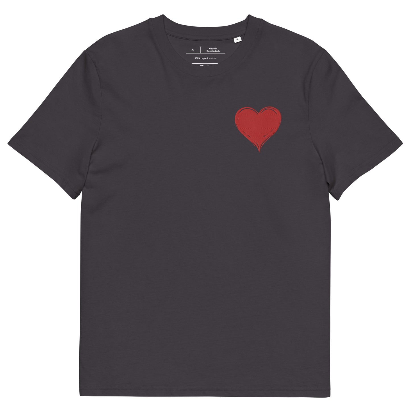t-shirt anthracite col rond manche courte 100% coton bio avec un cœur rouge brodé