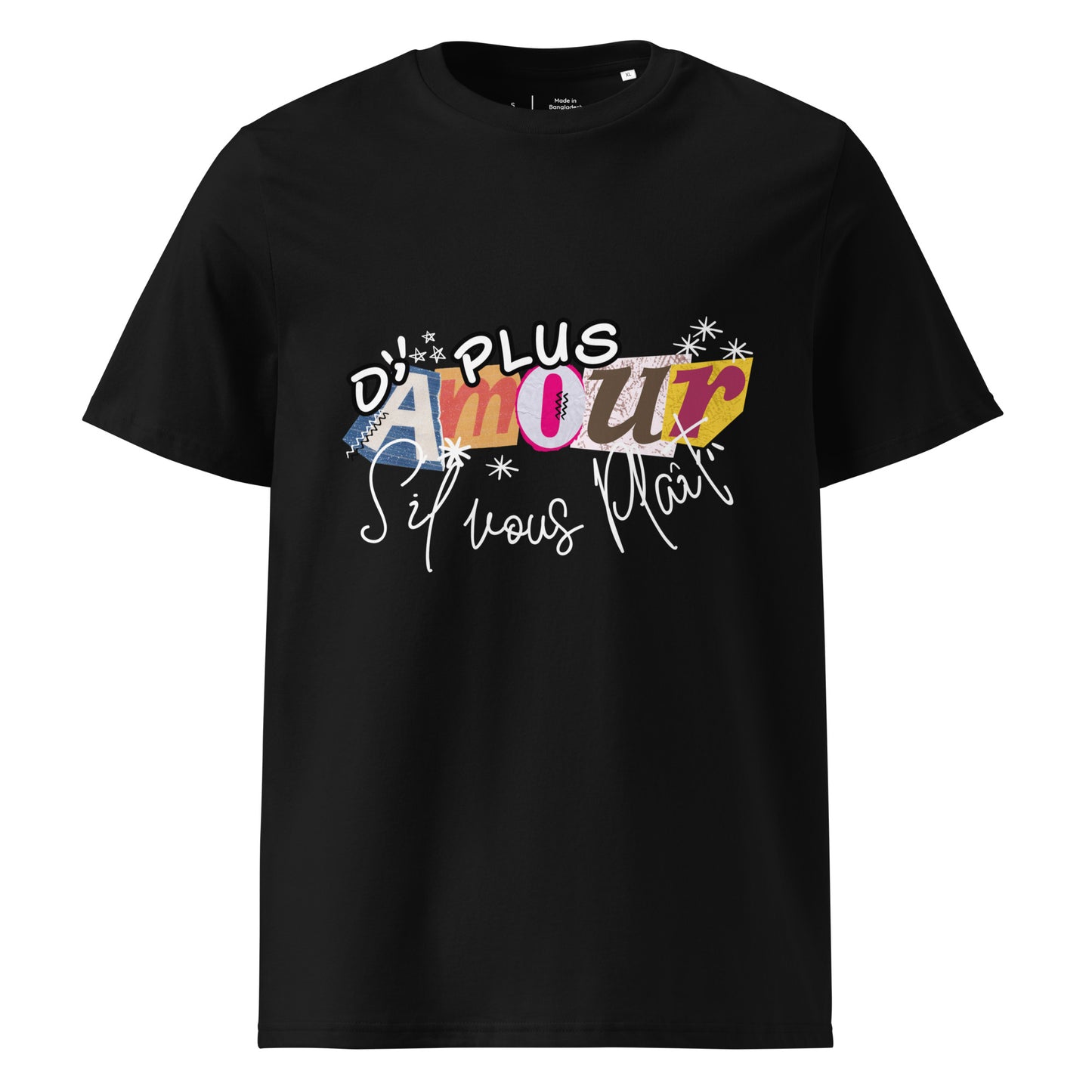 T-shirt de couleur noir encolure ronde manche courte 100& coton avec Inscription "plus d'amour s'il vous plaît"