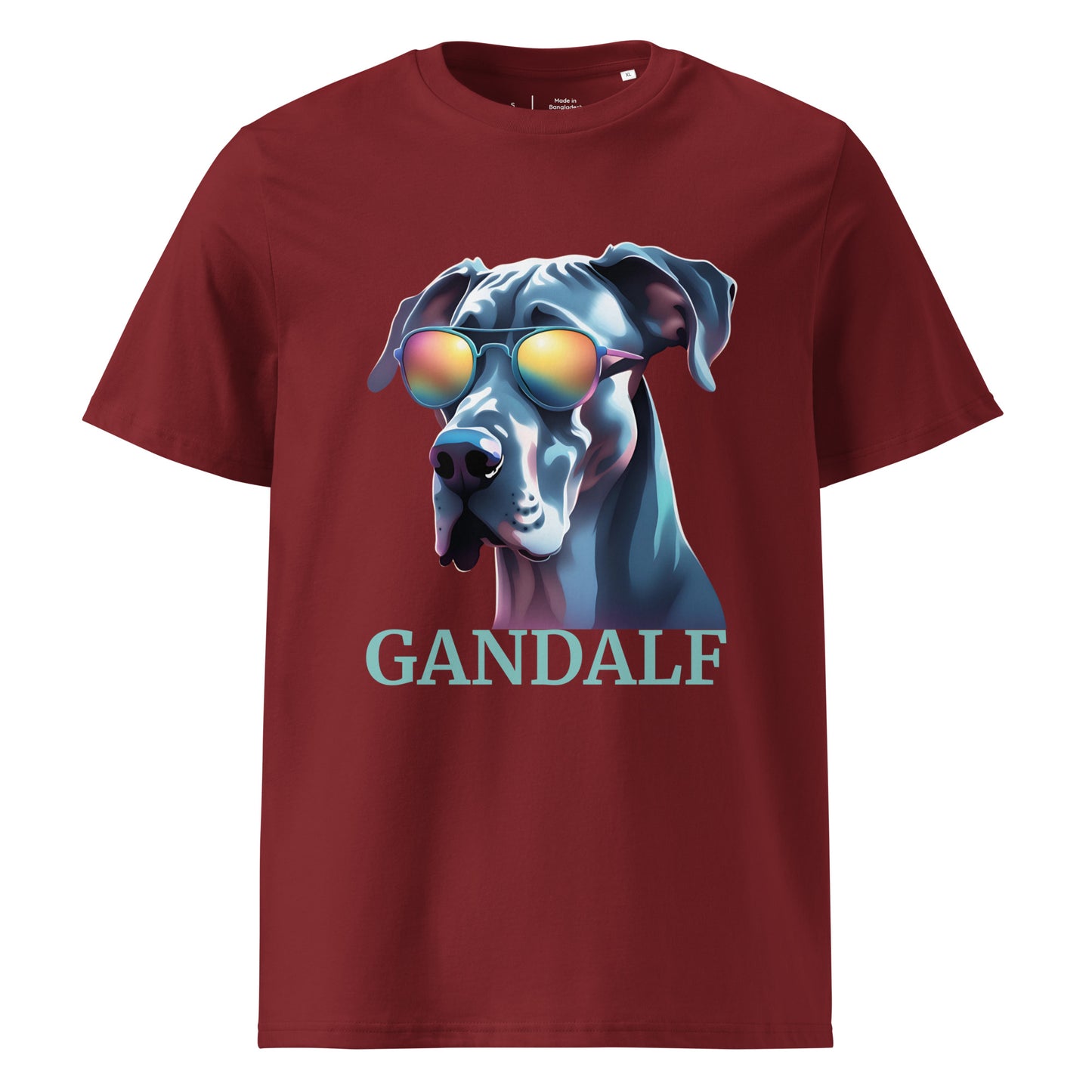 T-shirt adulte manche courte col rond de couleur brique avec comme dessin un dogue allemand qui a des lunettes de soleil, il est personnalisable avec le nom de votre chien