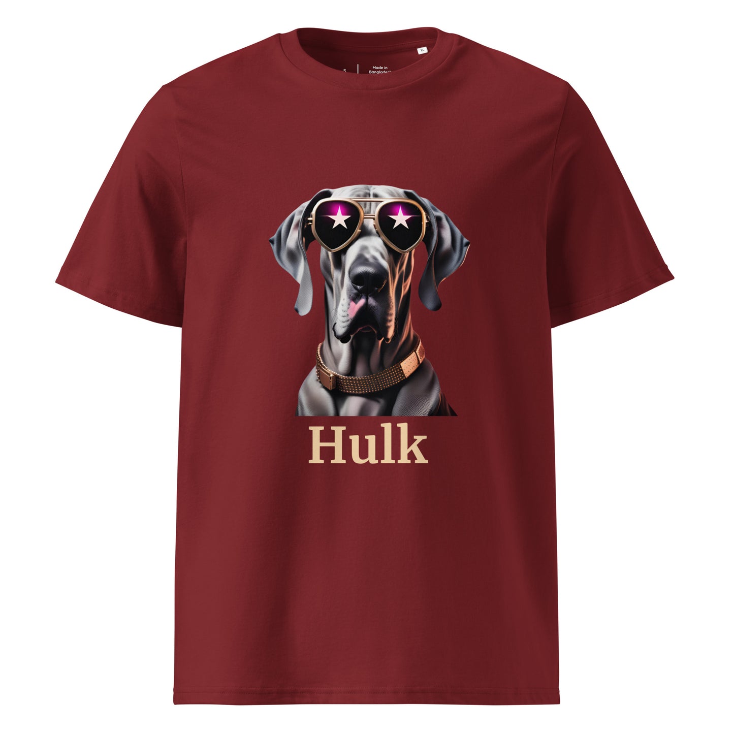 t-shirt de couleur brique col rond manche courte dessin de dogue allemand avec des lunettes de soleil stylé et un collier en cuivre personnalisation avec le nom de votre dogue en dessous du dessin