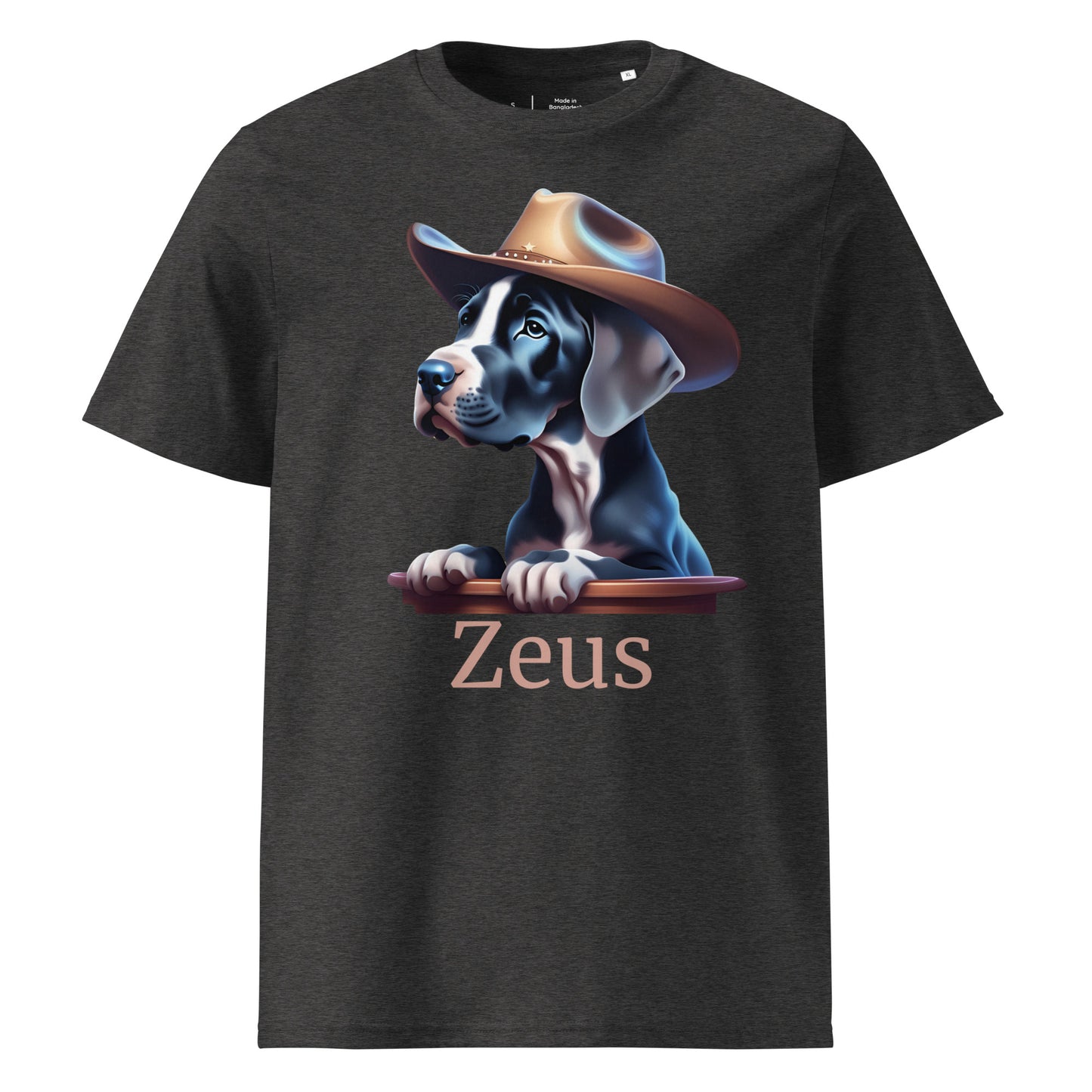 T-shirt gris foncé en 100% coton bio avec manche courte et col rond avec un dessin de bébé dogue allemand avec un chapeau de cowboy avec personnalisation du nom de votre dogue