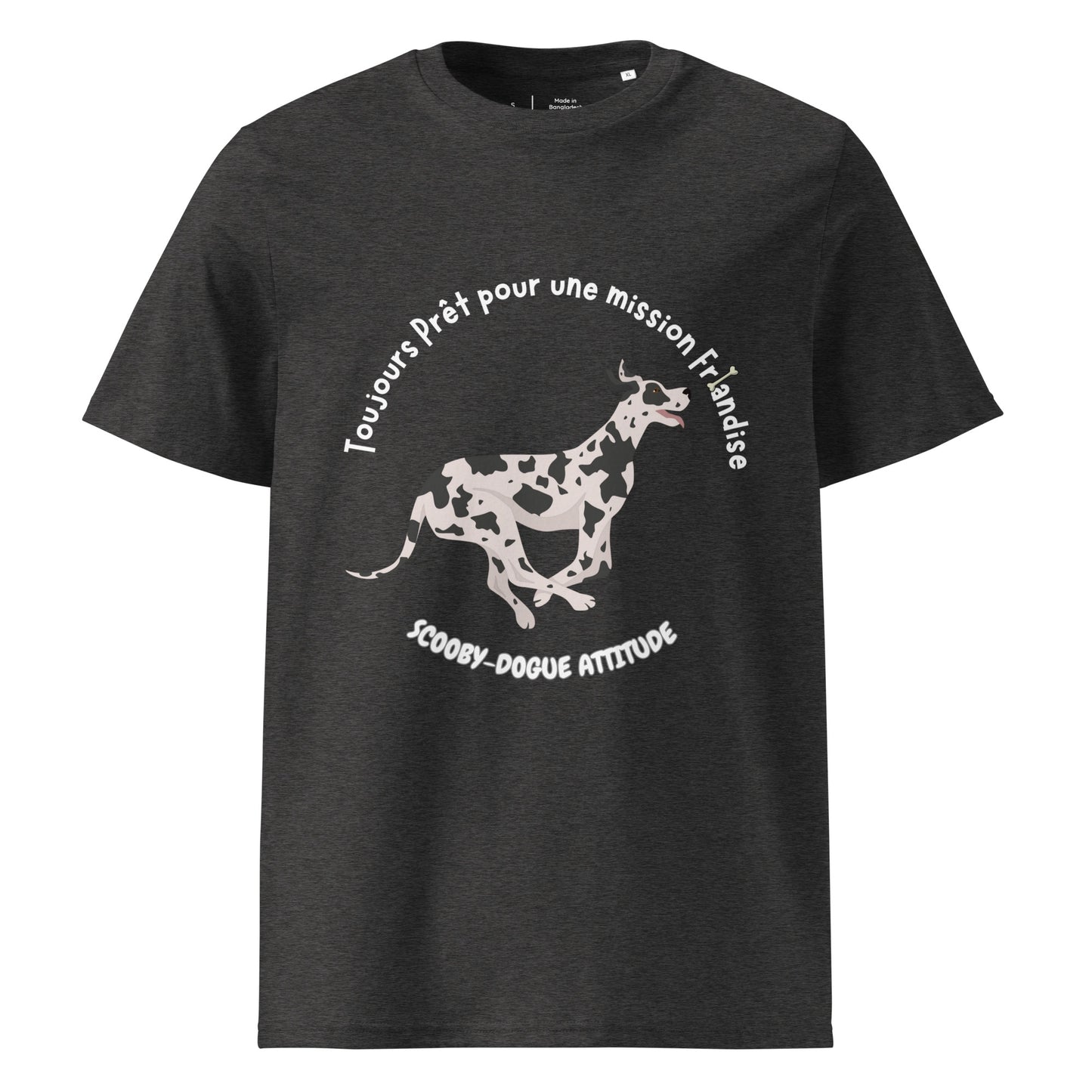 T-shirt 100% coton bio de couleur gris chiné col rond manche courte avec un dogue allemand qui court avec inscription "Toujours Prêt pour une mission Friandise- Scooby-dogue Attitude"