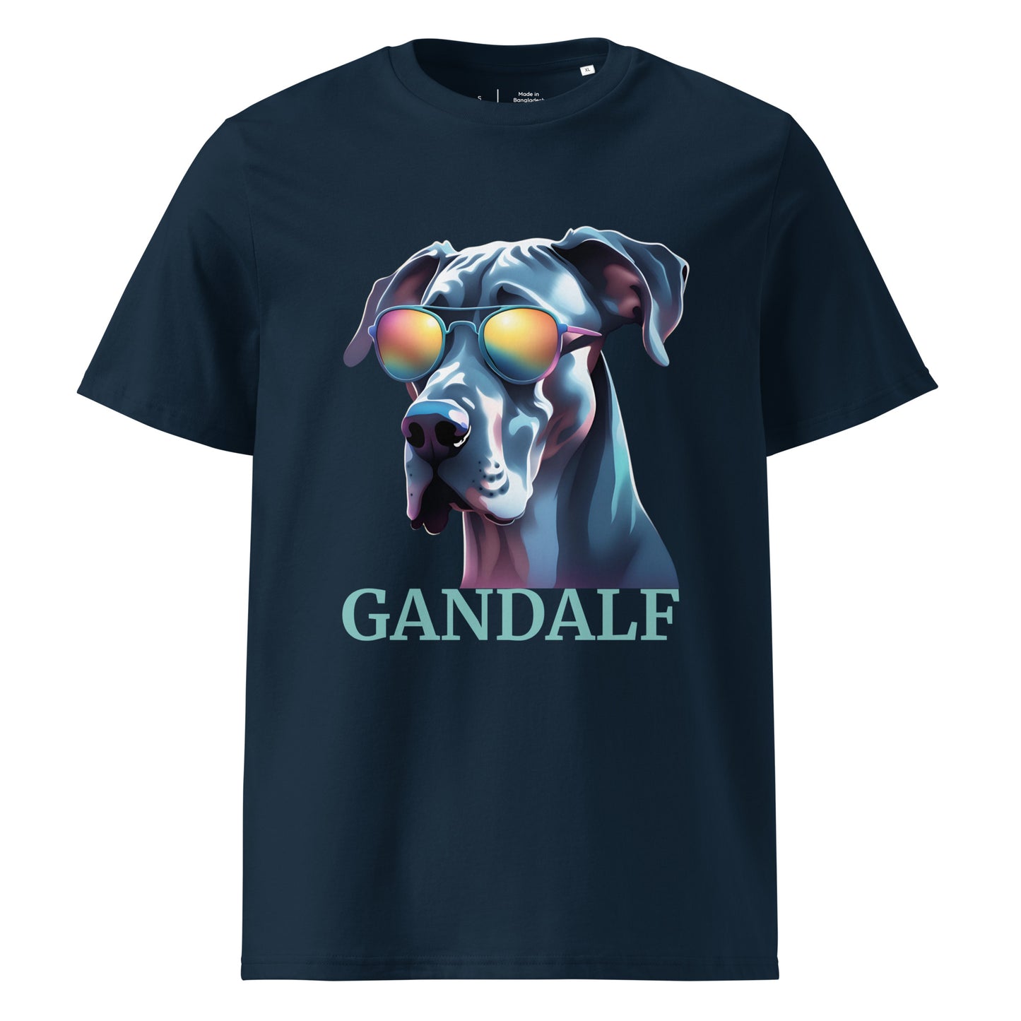 T-shirt adulte manche courte col rond de couleur bleu marineavec comme dessin un dogue allemand qui a des lunettes de soleil, il est personnalisable avec le nom de votre chien