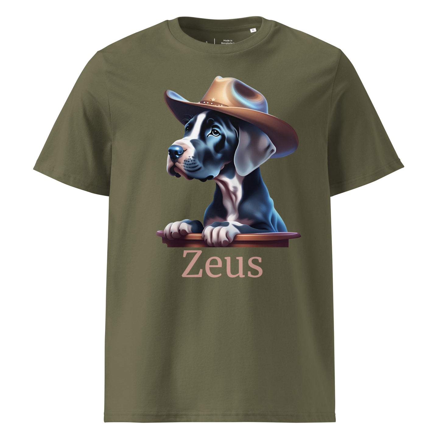 T-shirt khaki en 100% coton bio avec manche courte et col rond avec un dessin de bébé dogue allemand avec un chapeau de cowboy avec personnalisation du nom de votre dogue