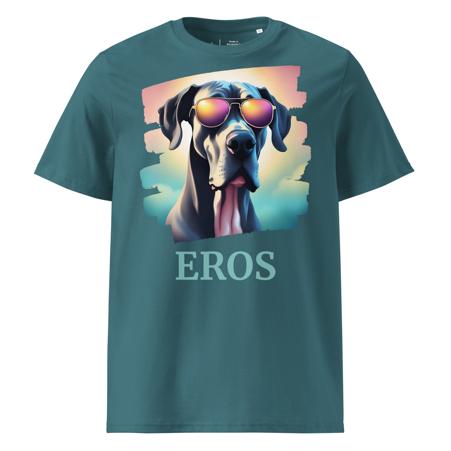 T-shirt adulte manche courte col rond de couleur vert d'eau avec comme dessin un dogue allemand, il est personnalisable avec le nom de votre chien