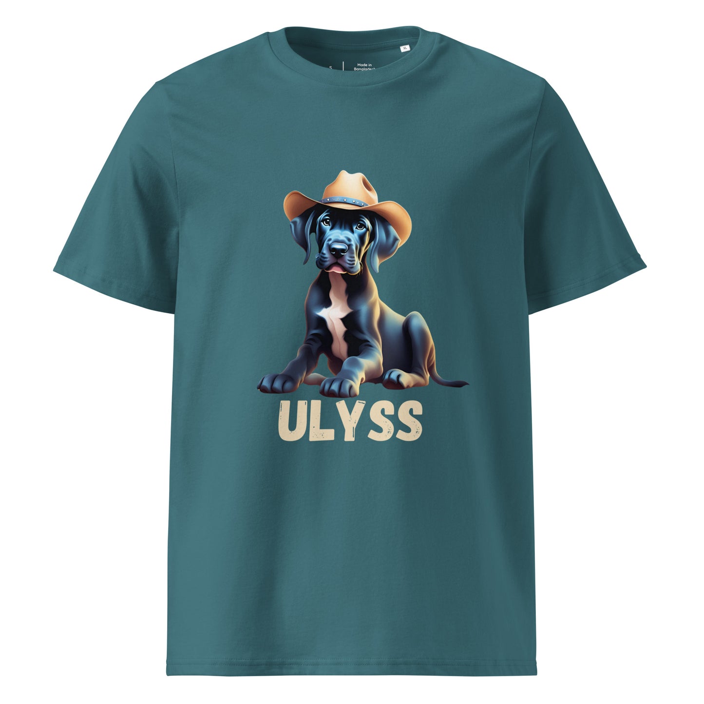 t-shirt de couleur vert d'eau col rond mache courte en 100% coton bio avec un dessin de bébé dogue allemand avec un chapeau de cowboy sur la tête avec comme personnalisation le nom de votre dogue en dessous du dessin