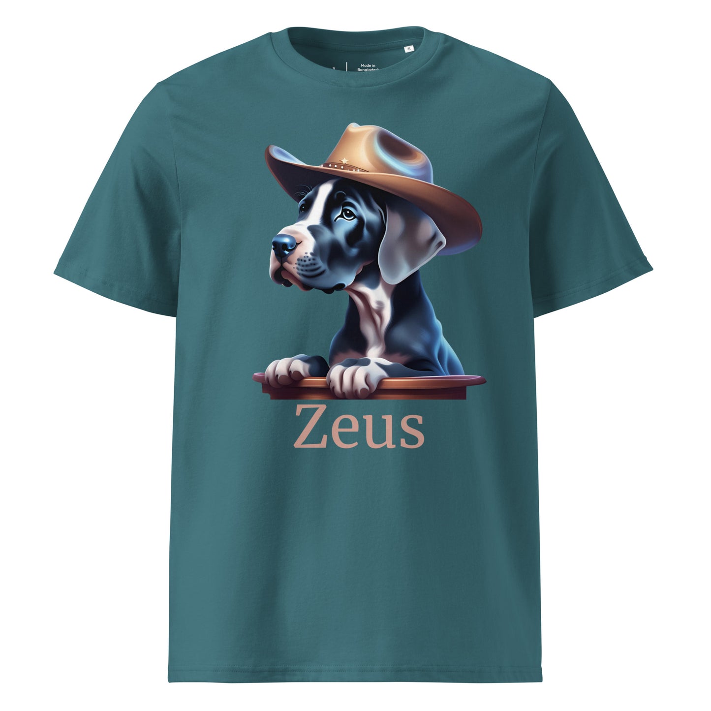 T-shirt vert d'eau en 100% coton bio avec manche courte et col rond avec un dessin de bébé dogue allemand avec un chapeau de cowboy avec personnalisation du nom de votre dogue
