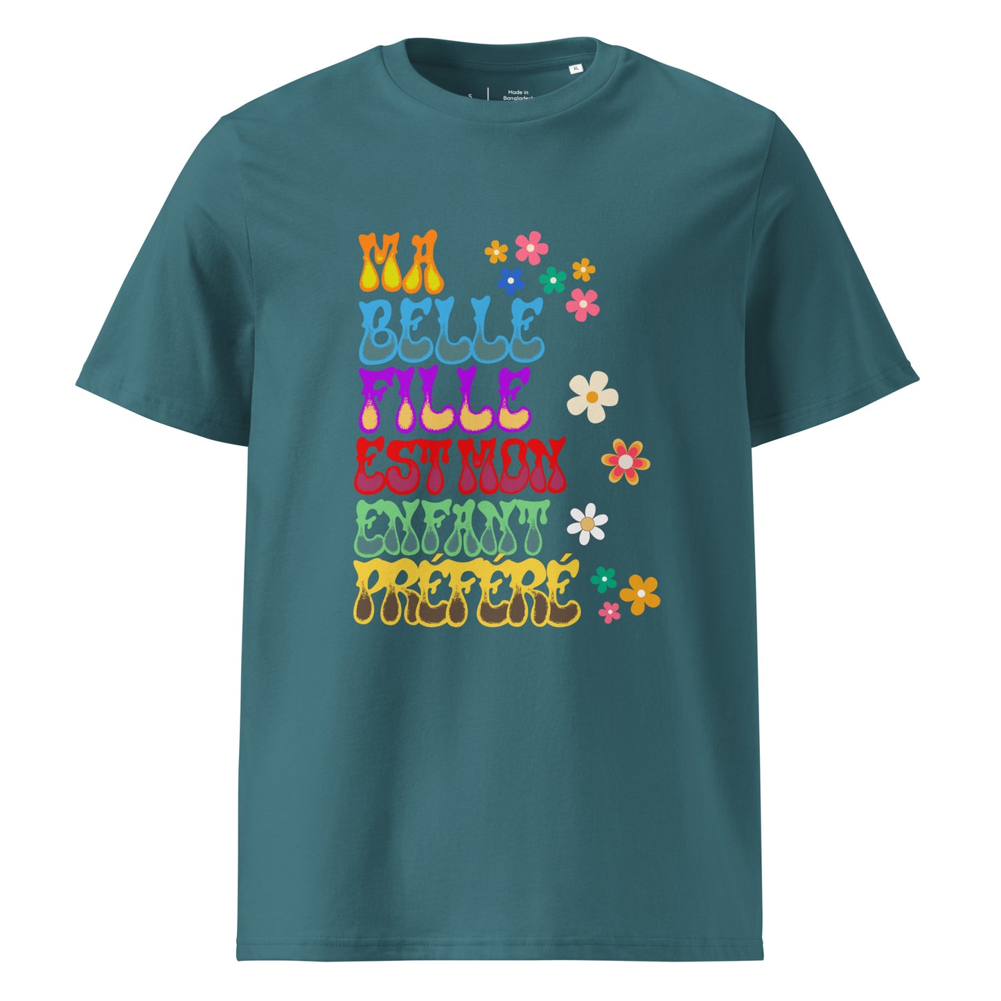 t-shirt de couleur vert d'eau 100% coton bio manche courte encolure ronde avec inscription "ma belle fille est mon enfant préféré"