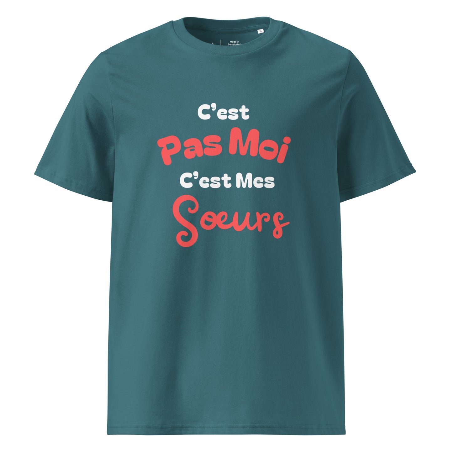 T-shirt vert d'eau col rond manche courte 100% coton bio avec inscription "C'est pas moi, c'est Mes Sœurs"