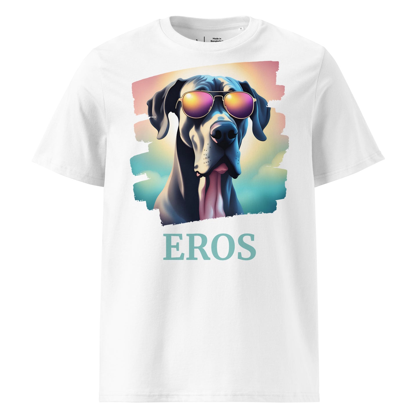 T-shirt adulte manche courte col rond de couleur blanc avec comme dessin un dogue allemand, il est personnalisable avec le nom de votre chien