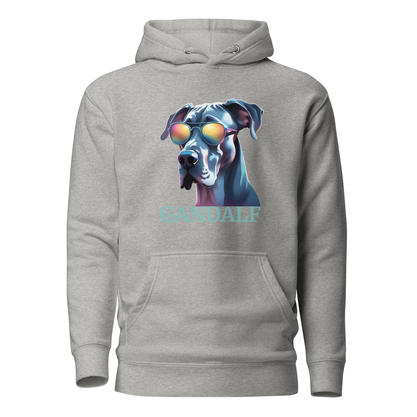 sweat à capuche avec une poche devant de couleur gris chiné clairavec le dessin d'un dogue allemand avec des lunettes de soleil avec une personnalisation vous pouvez écrire le nom de votre Dogue Allemand donc de votre chien