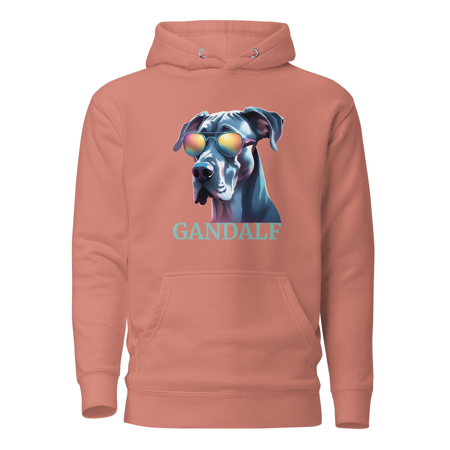 sweat à capuche avec une poche devant de couleur corail avec le dessin d'un dogue allemand avec des lunettes de soleil avec une personnalisation vous pouvez écrire le nom de votre Dogue Allemand donc de votre chien