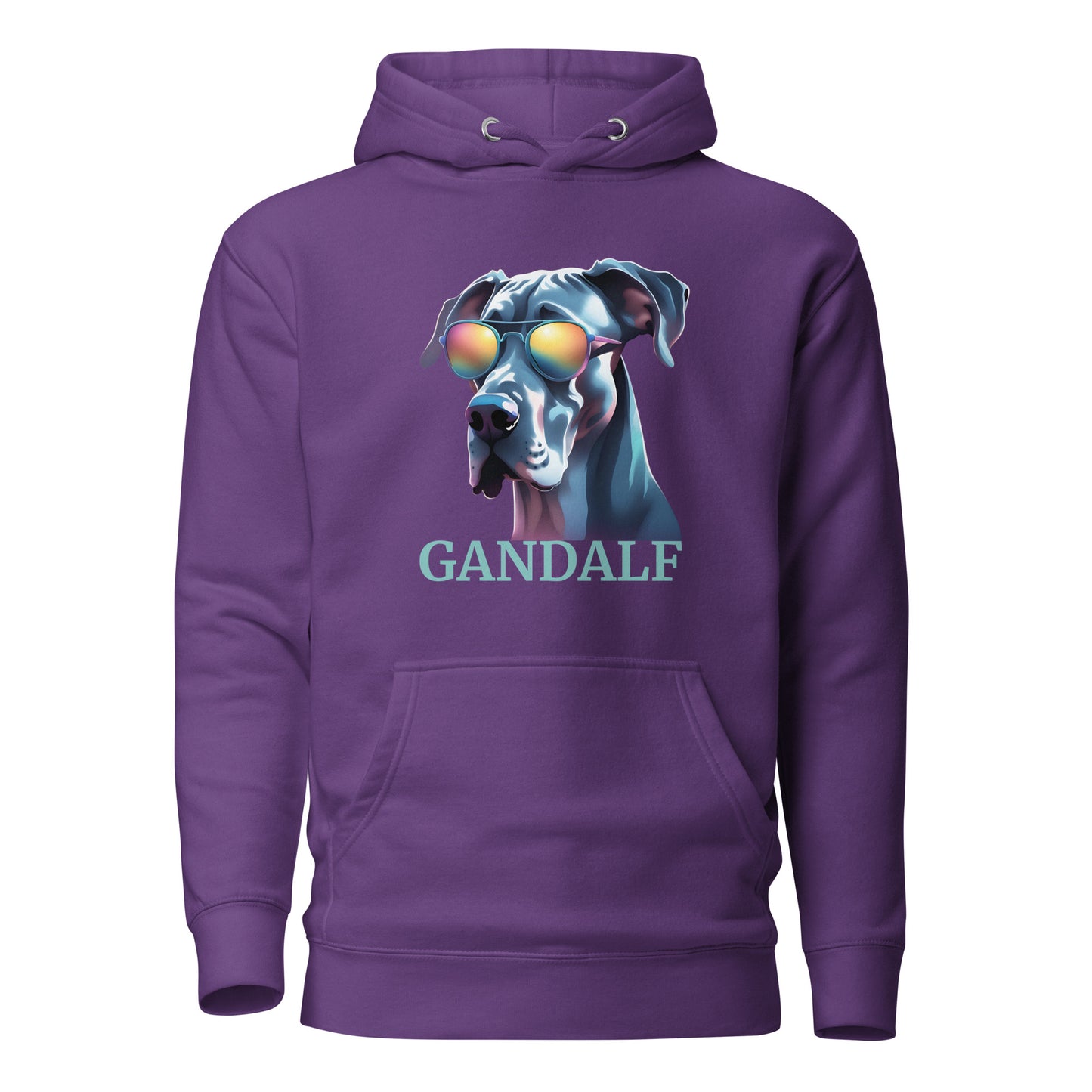 sweat à capuche avec une poche devant de couleur violet avec le dessin d'un dogue allemand avec des lunettes de soleil avec une personnalisation vous pouvez écrire le nom de votre Dogue Allemand donc de votre chien