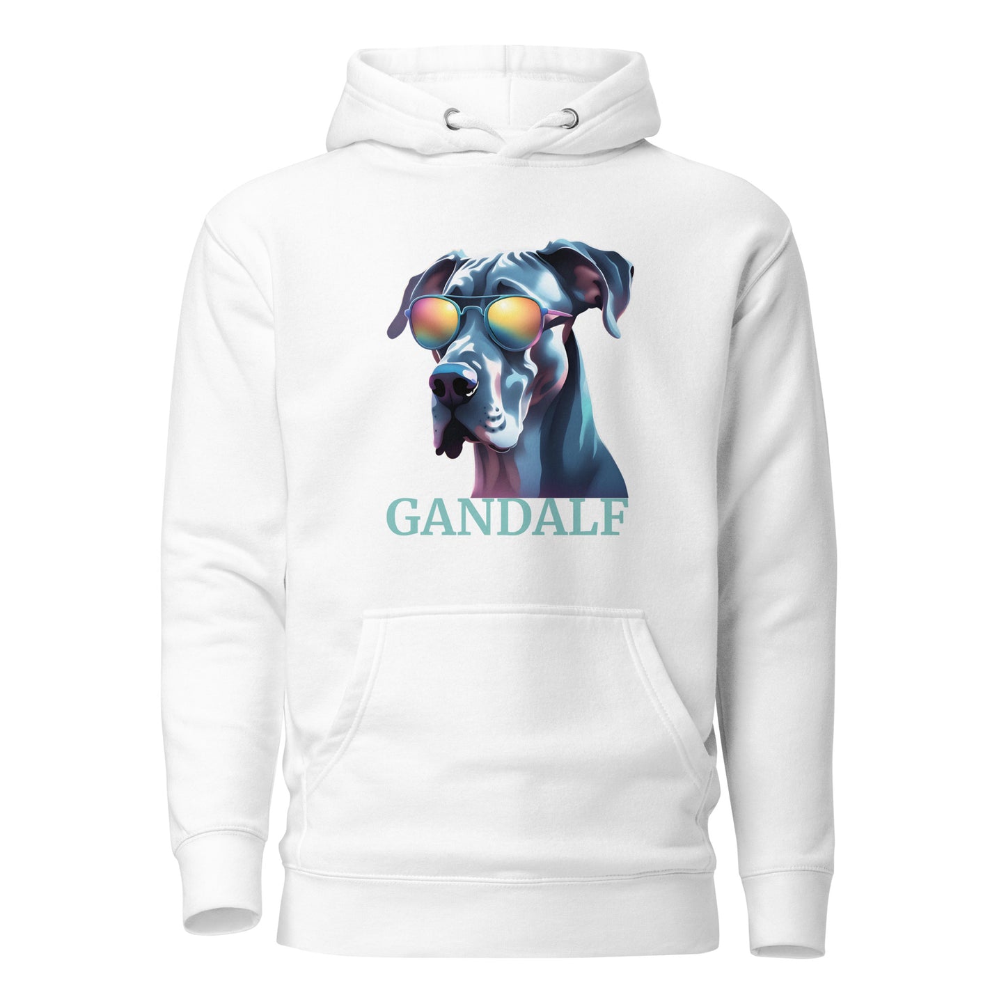 sweat à capuche avec une poche devant de couleur blanc avec le dessin d'un dogue allemand avec des lunettes de soleil avec une personnalisation vous pouvez écrire le nom de votre Dogue Allemand donc de votre chien