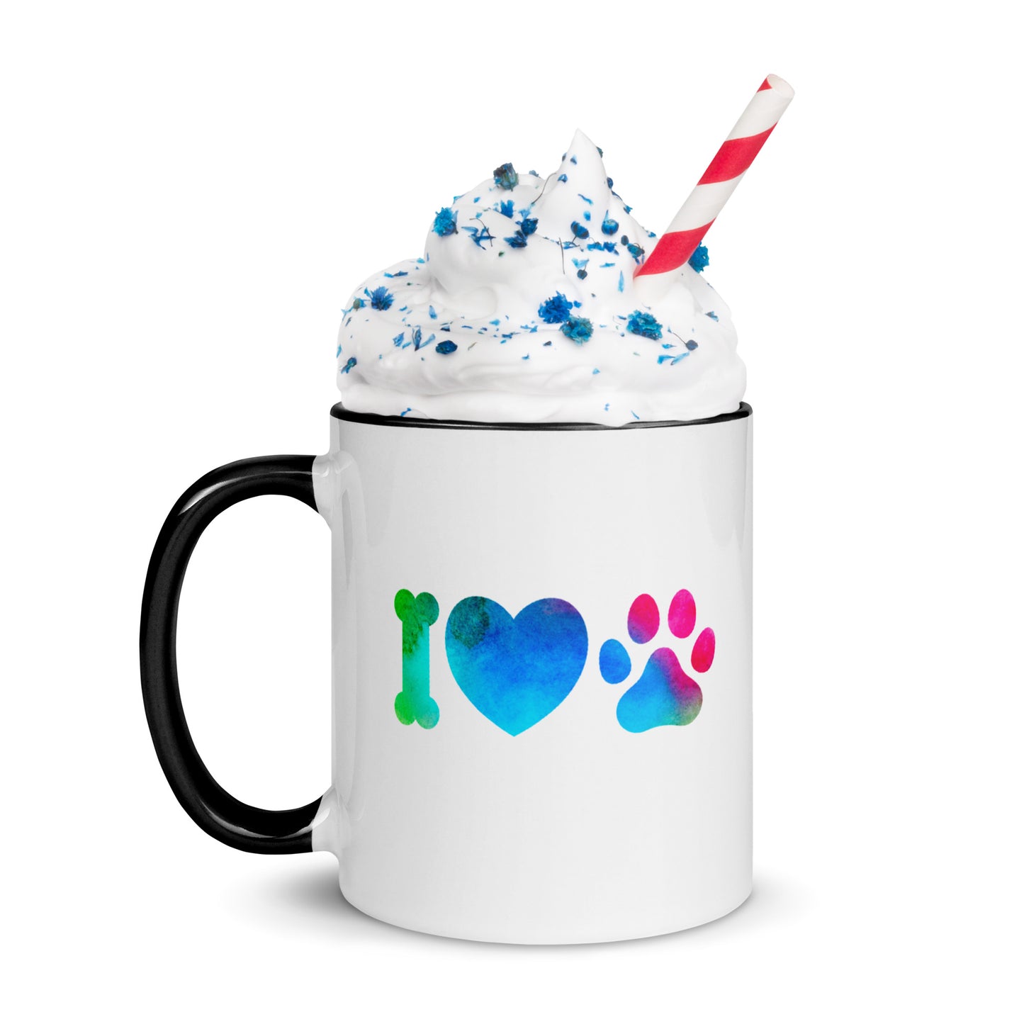 Tasse à café ou thé blanche avec intérieur, rebord et poignée coloré noir Avec inscription " I love Dog Ou Cat" Love est écrit avec un coeur et chat ou chien est représenté par une empreinte de patte 11 oz