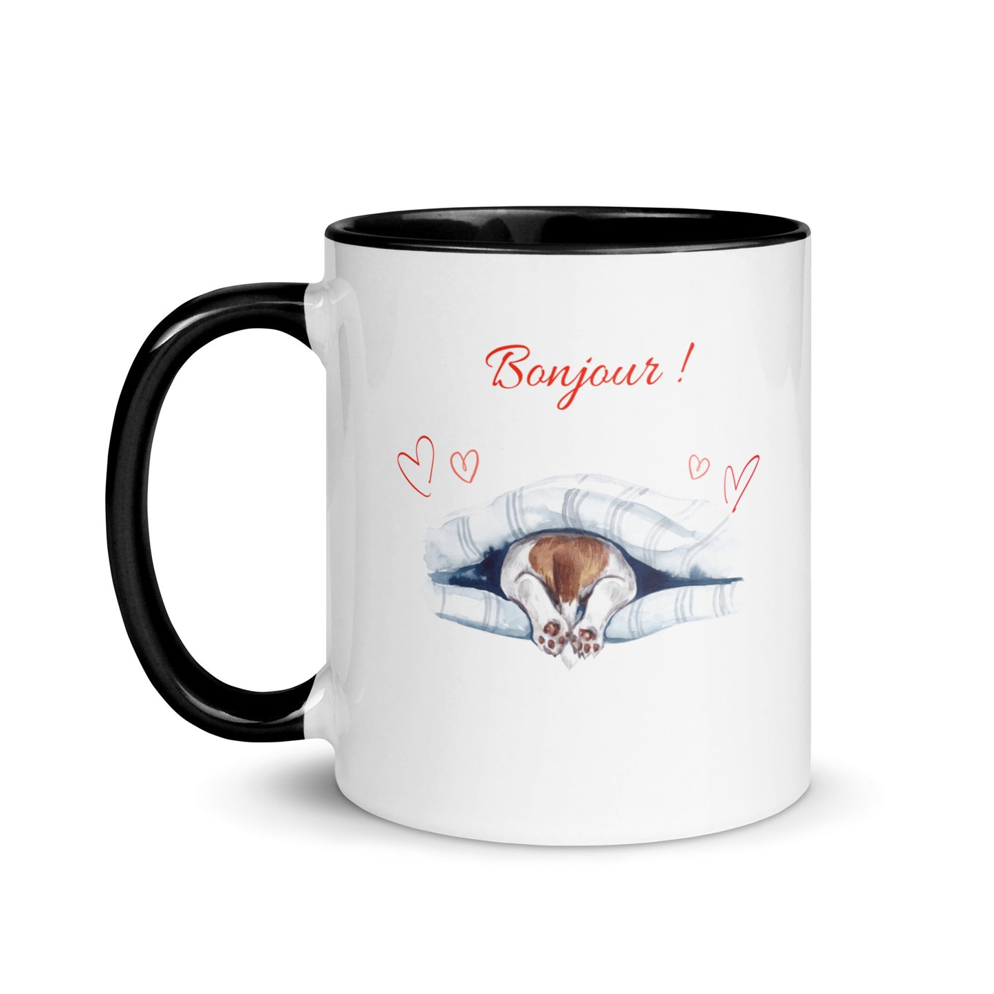 Tasse blanche avec anse, intérieur et rebord noir en céramique avec inscription "Bonjour" avec des cœurs et les pattes arrières d'un chien qui sortent de dessous sa couverture 11 oz