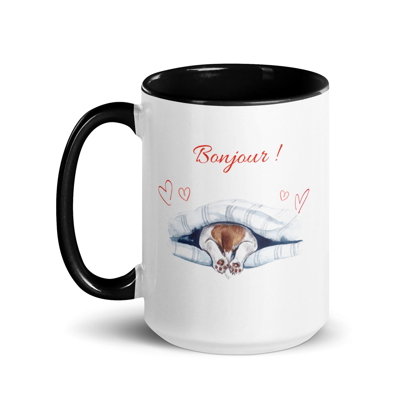 Tasse blanche avec anse, intérieur et rebord noir en céramique avec inscription "Bonjour" avec des cœurs et les pattes arrières d'un chien qui sortent de dessous sa couverture 15 oz