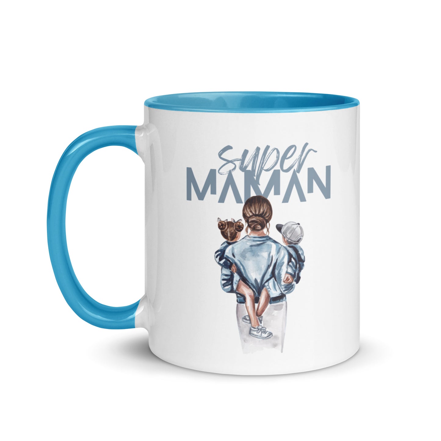 tasse blanche colorée intérieur et poignée bleu en céramique avec inscription Super Maman Avec le dessin d'une maman de dos portant deux enfants dans ses bras