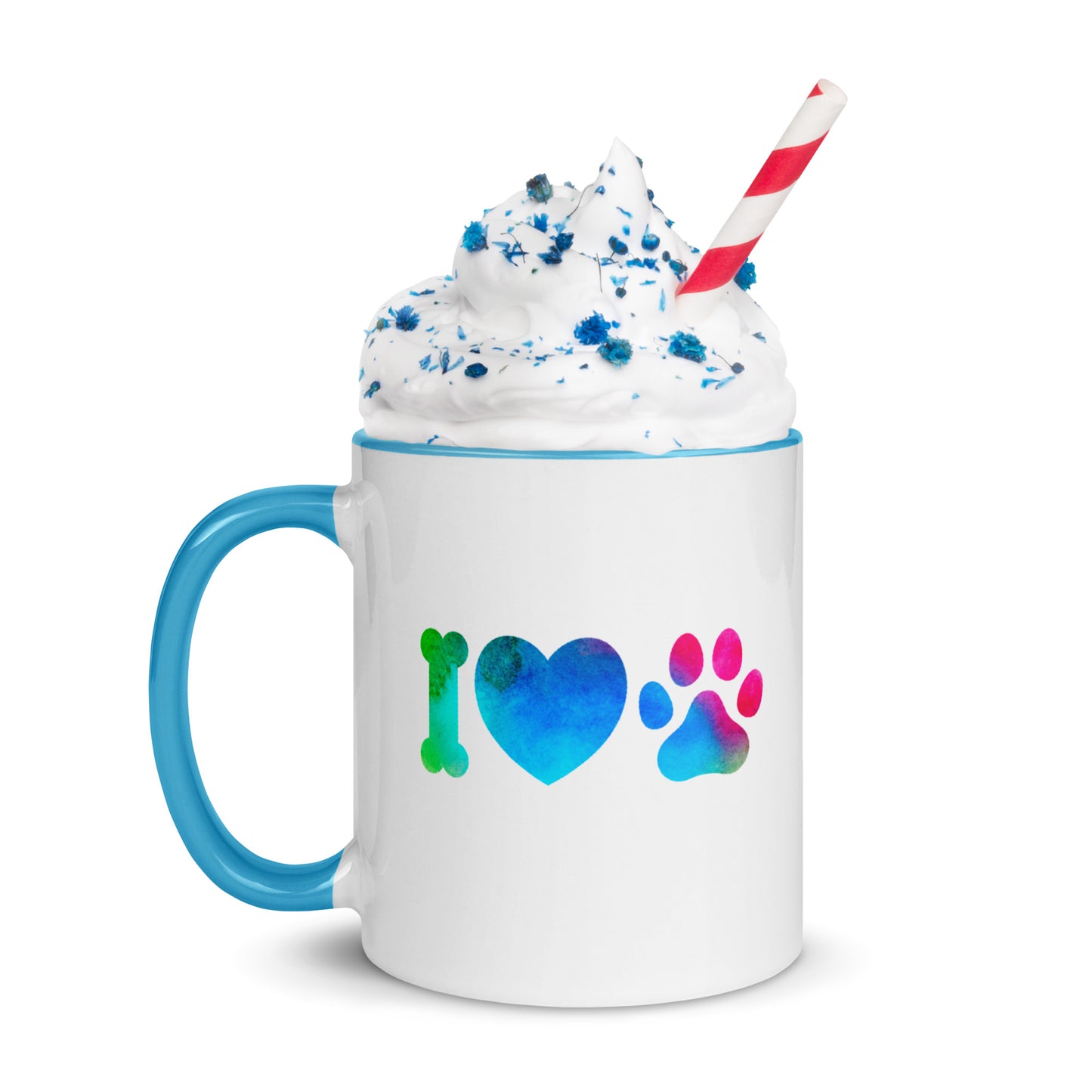 Tasse à café ou thé blanche avec intérieur, rebord et poignée coloré Bleu Avec inscription " I love Dog Ou Cat" Love est écrit avec un coeur et chat ou chien est représenté par une empreinte de patte 11 oz