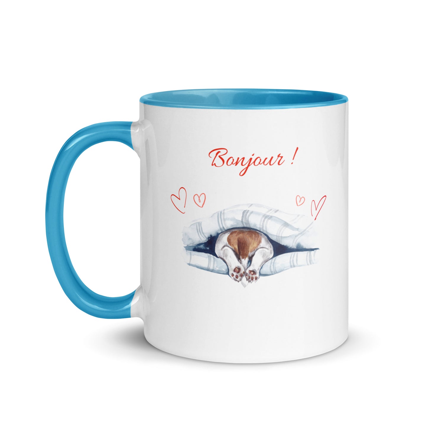 Tasse blanche avec anse, intérieur et rebord bleu en céramique avec inscription "Bonjour" avec des cœurs et les pattes arrières d'un chien qui sortent de dessous sa couverture 11 oz
