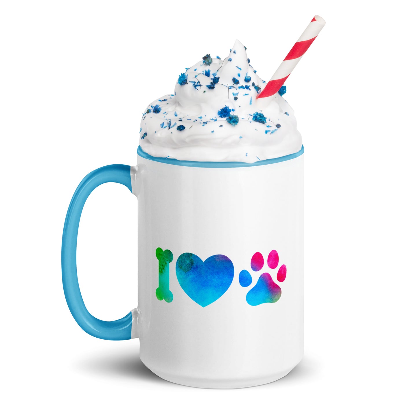 Tasse à café ou thé blanche avec intérieur, rebord et poignée coloré noir Avec inscription " I love Dog Ou Cat" Love est écrit avec un coeur et chat ou chien est représenté par une empreinte de patte 15 oz