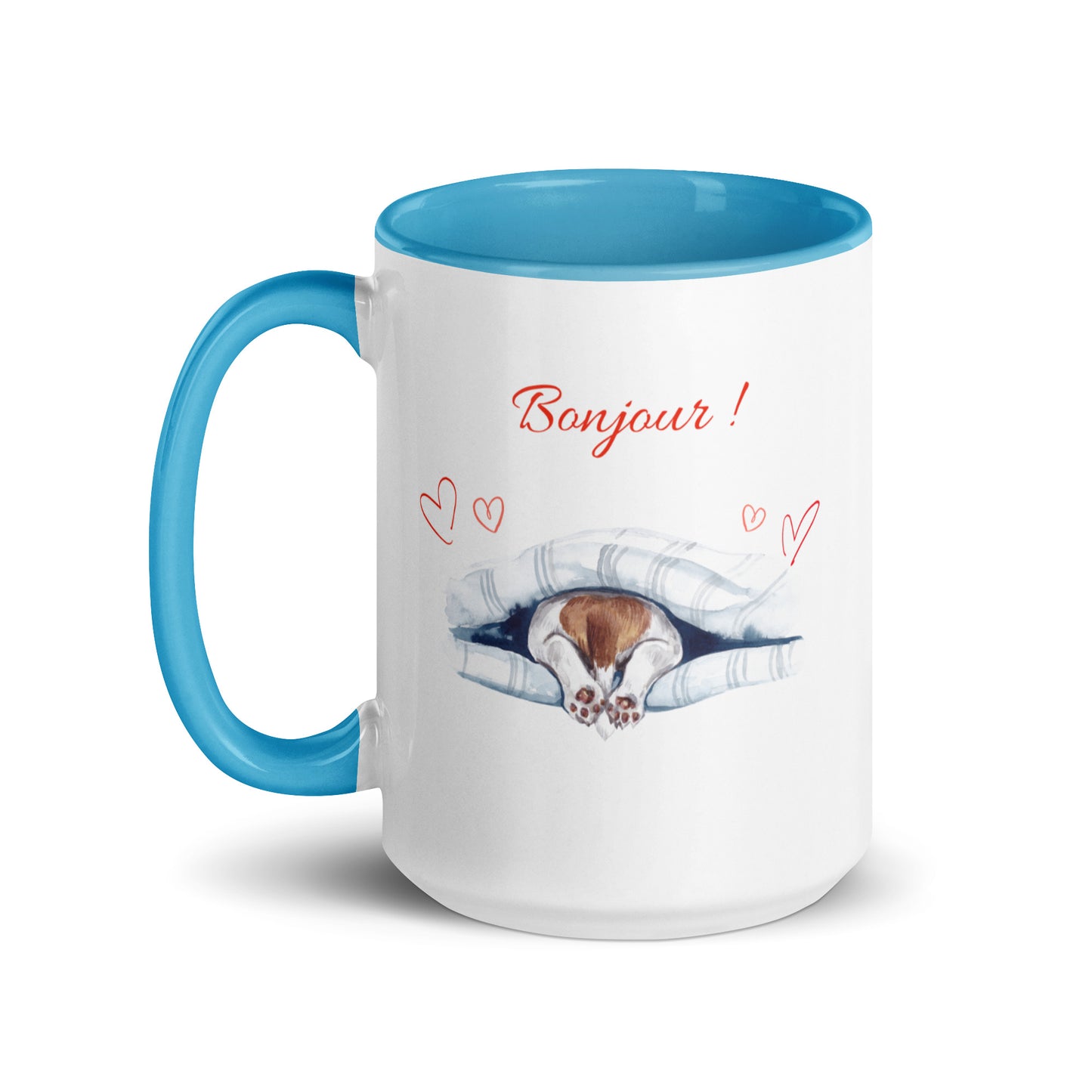 Tasse blanche avec anse, intérieur et rebord bleu en céramique avec inscription "Bonjour" avec des cœurs et les pattes arrières d'un chien qui sortent de dessous sa couverture 15 oz