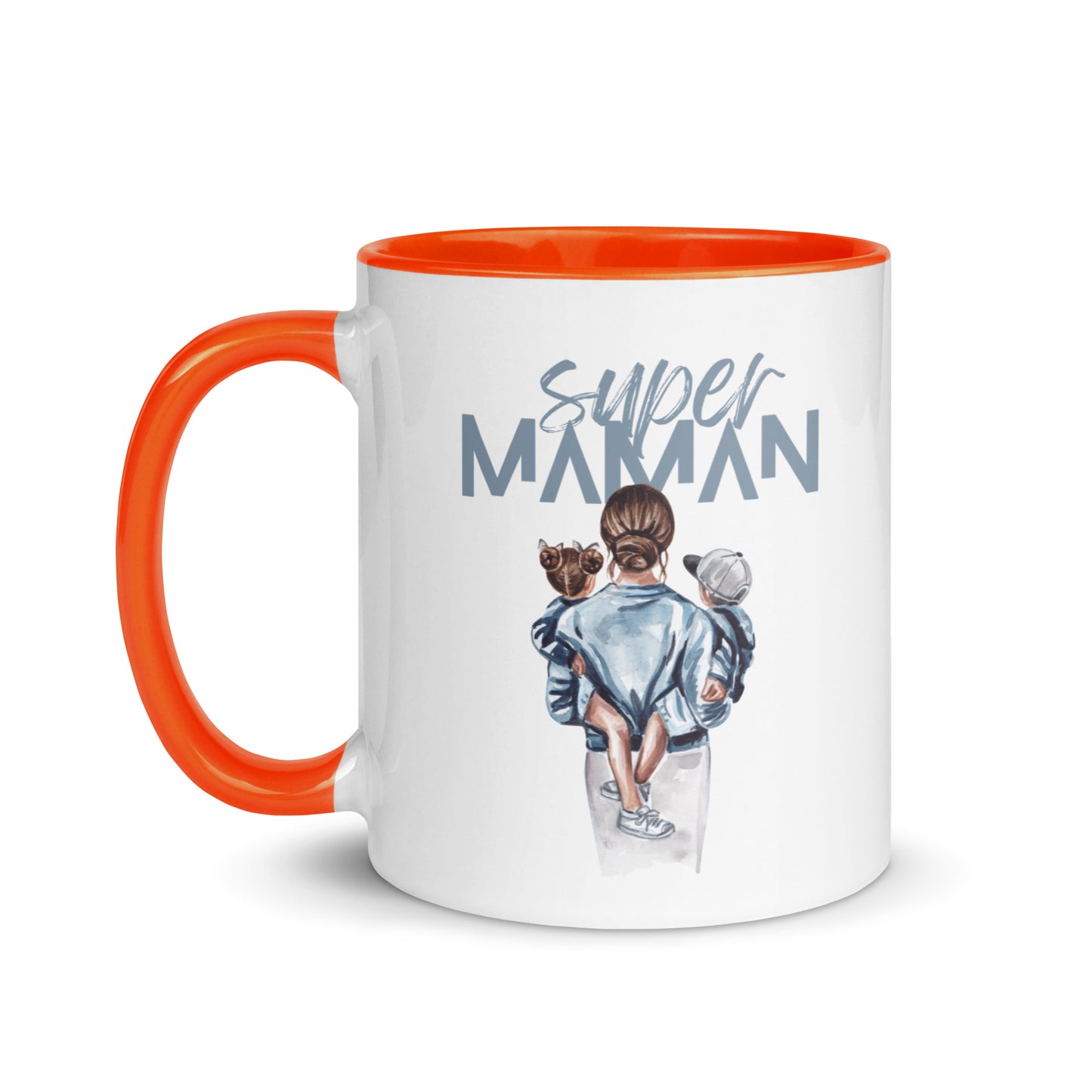 tasse blanche colorée intérieur et poignée orange en céramique avec inscription Super Maman Avec le dessin d'une maman de dos portant deux enfants dans ses bras