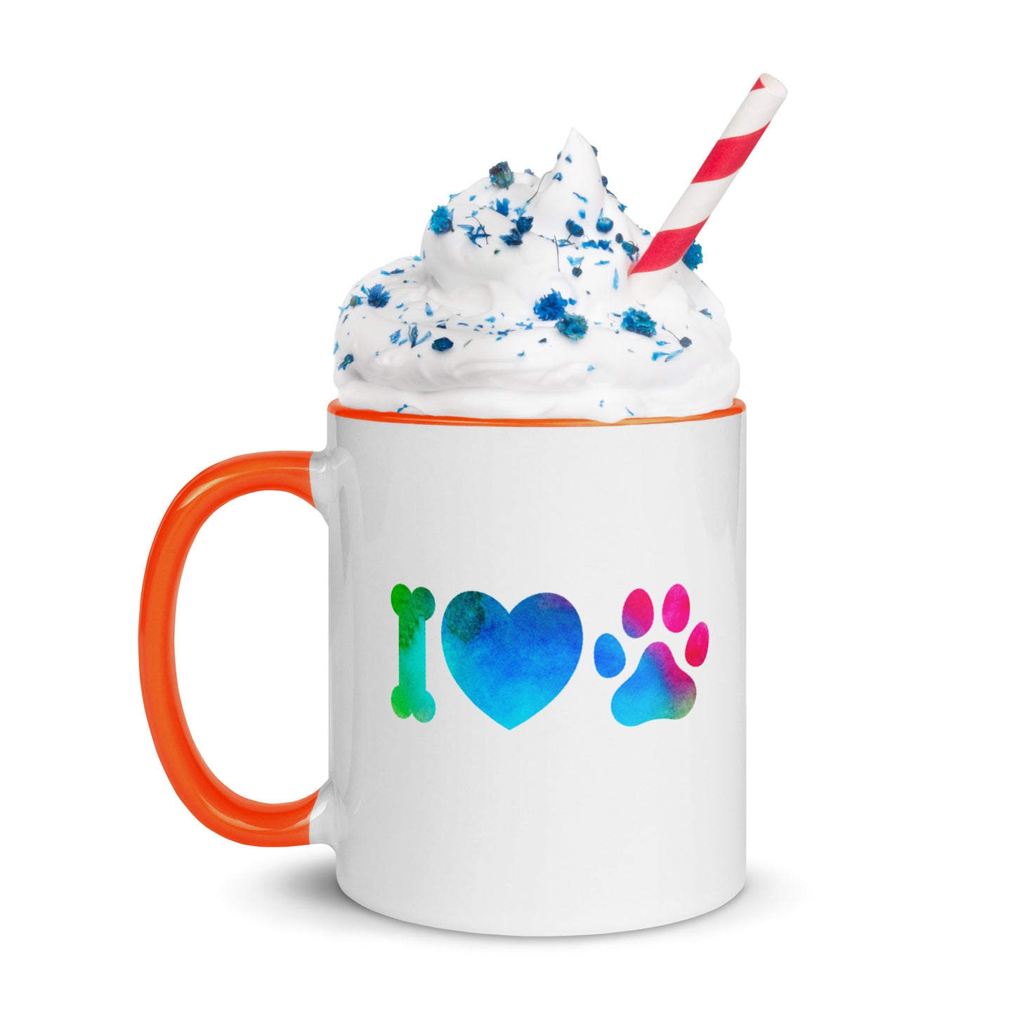 Tasse à café ou thé blanche avec intérieur, rebord et poignée coloré orange Avec inscription " I love Dog Ou Cat" Love est écrit avec un coeur et chat ou chien est représenté par une empreinte de patte 11 oz