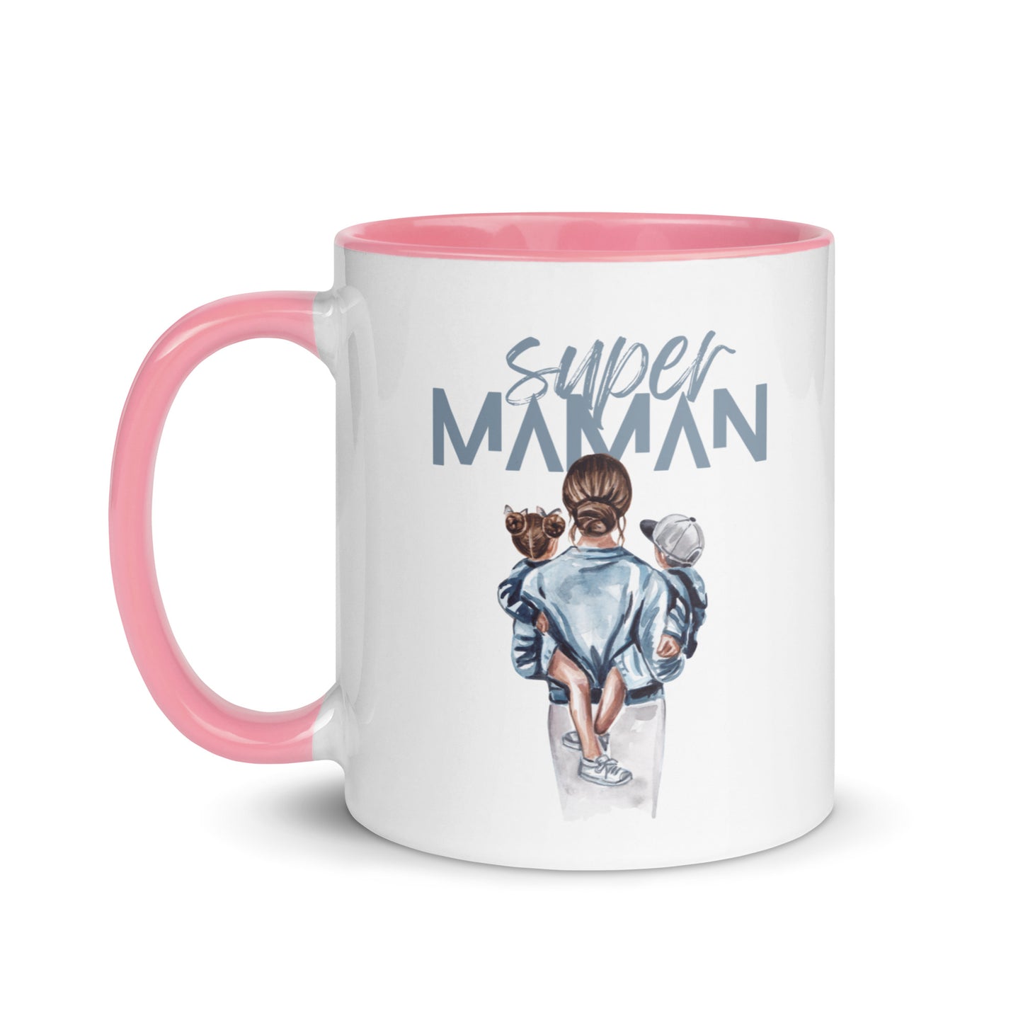 tasse blanche colorée intérieur et poignée rose en céramique avec inscription Super Maman Avec le dessin d'une maman de dos portant deux enfants dans ses bras