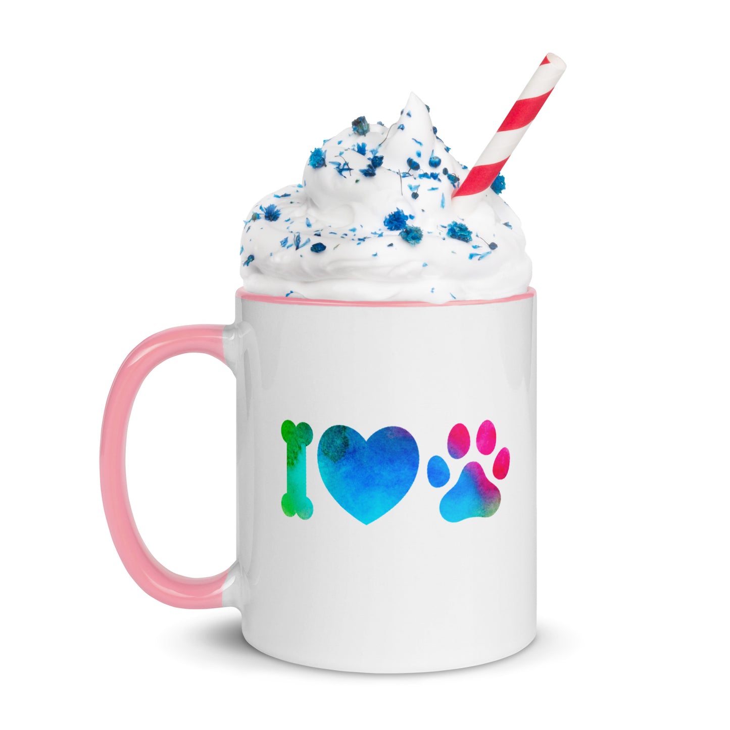 Tasse à café ou thé blanche avec intérieur, rebord et poignée coloré rose Avec inscription " I love Dog Ou Cat" Love est écrit avec un coeur et chat ou chien est représenté par une empreinte de patte 11 oz