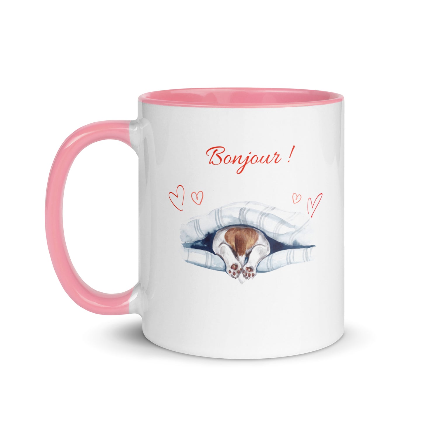Tasse blanche avec anse, intérieur et rebord rose en céramique avec inscription "Bonjour" avec des cœurs et les pattes arrières d'un chien qui sortent de dessous sa couverture 11 oz