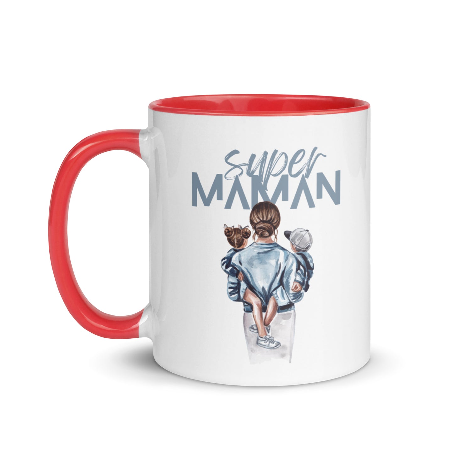 tasse blanche colorée intérieur et poignée rouge en céramique avec inscription Super Maman Avec le dessin d'une maman de dos portant deux enfants dans ses bras