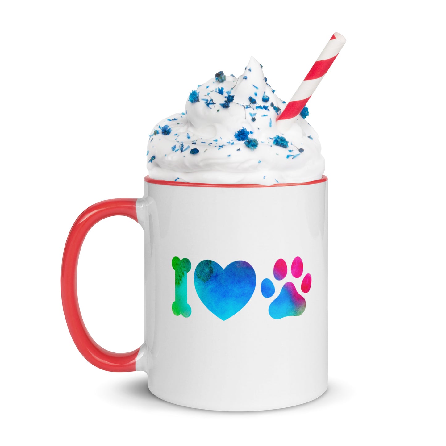 Tasse à café ou thé blanche avec intérieur, rebord et poignée coloré rouge Avec inscription " I love Dog Ou Cat" Love est écrit avec un coeur et chat ou chien est représenté par une empreinte de patte 11 oz