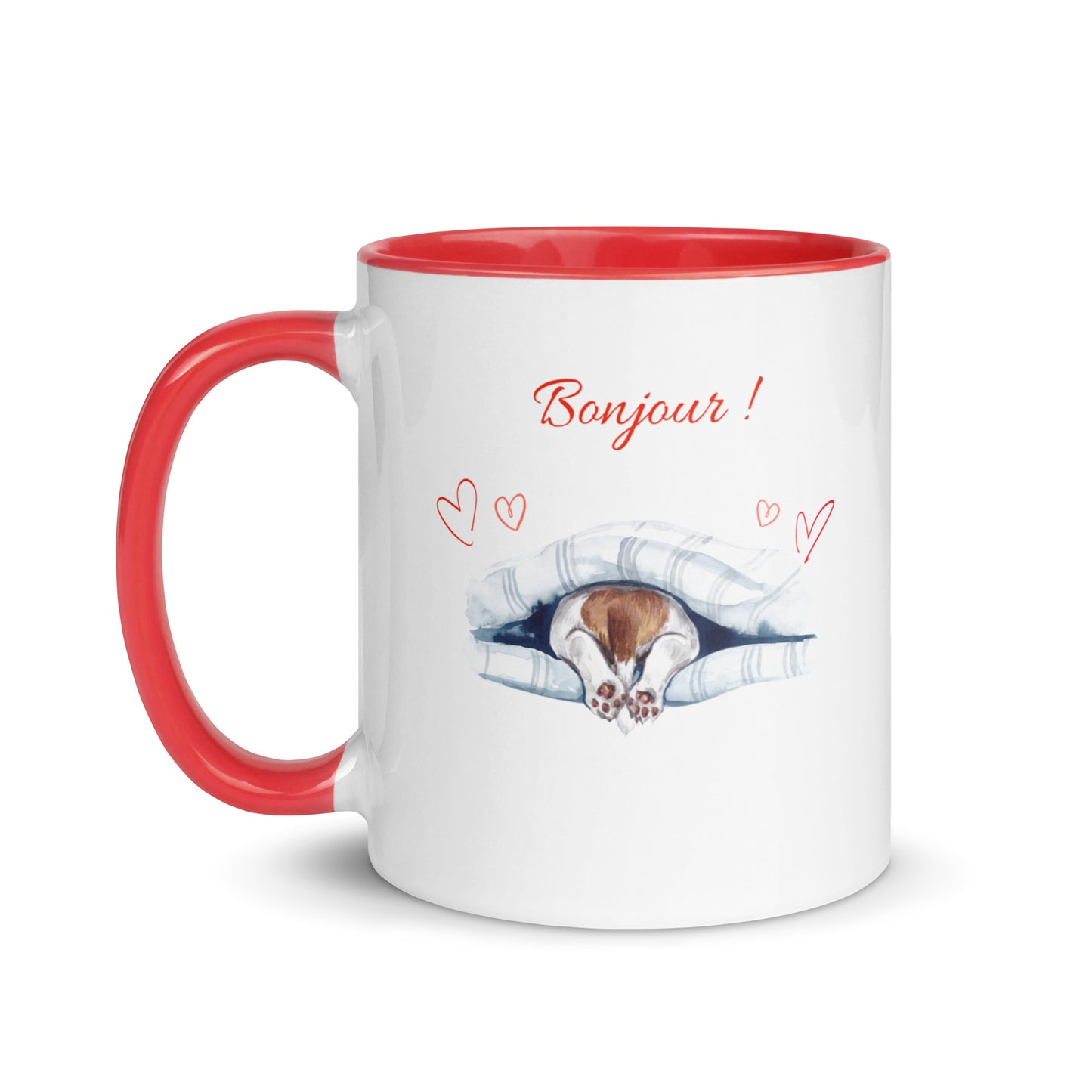 Tasse blanche avec anse, intérieur et rebord rouge en céramique avec inscription "Bonjour" avec des cœurs et les pattes arrières d'un chien qui sortent de dessous sa couverture 11 oz